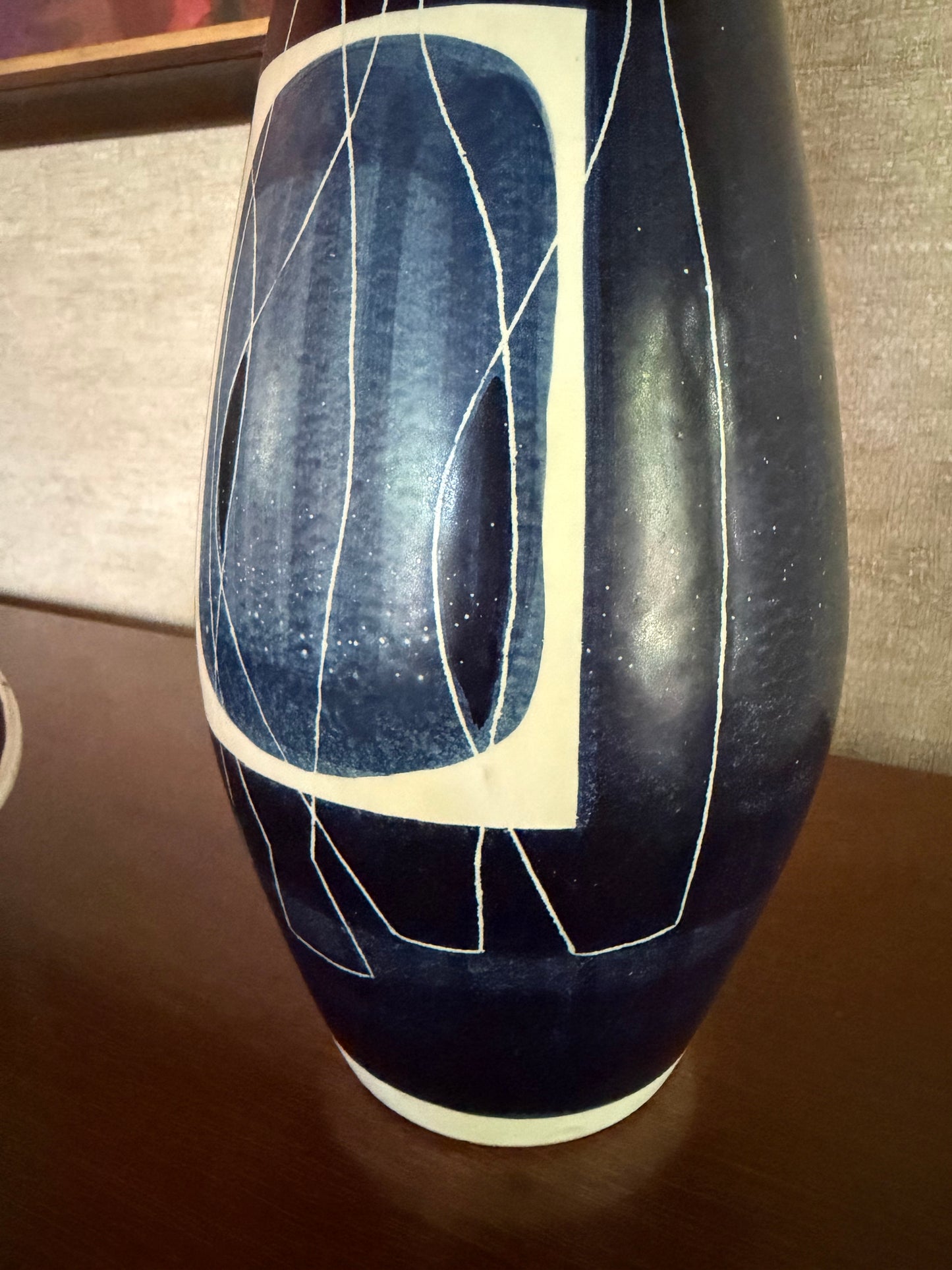 1950's Alvino Bagni for Raymor Set of Handmade Ceramic Pottery Tray and Vase with Abstract Blue White Black Bottles Decor