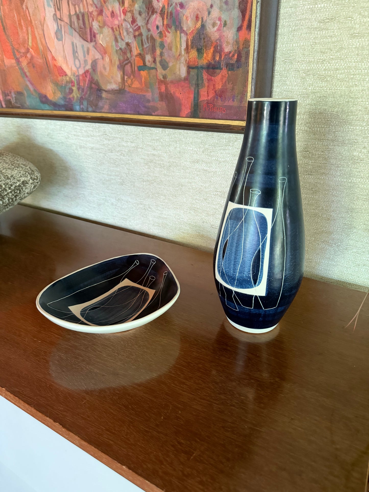1950's Alvino Bagni for Raymor Set of Handmade Ceramic Pottery Tray and Vase with Abstract Blue White Black Bottles Decor