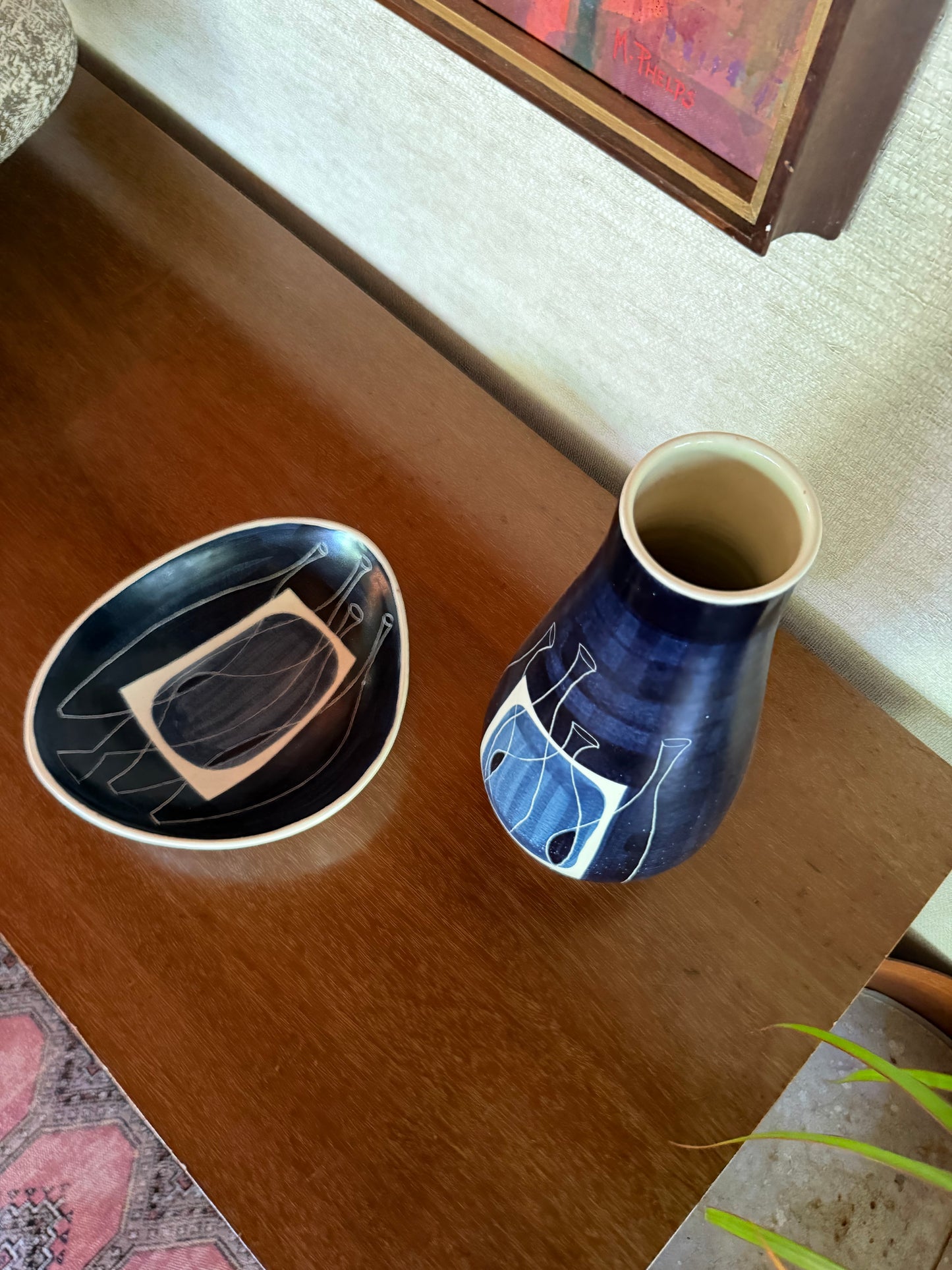 1950's Alvino Bagni for Raymor Set of Handmade Ceramic Pottery Tray and Vase with Abstract Blue White Black Bottles Decor
