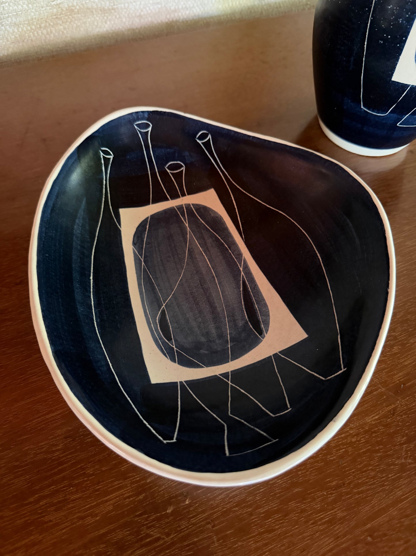 1950's Alvino Bagni for Raymor Set of Handmade Ceramic Pottery Tray and Vase with Abstract Blue White Black Bottles Decor