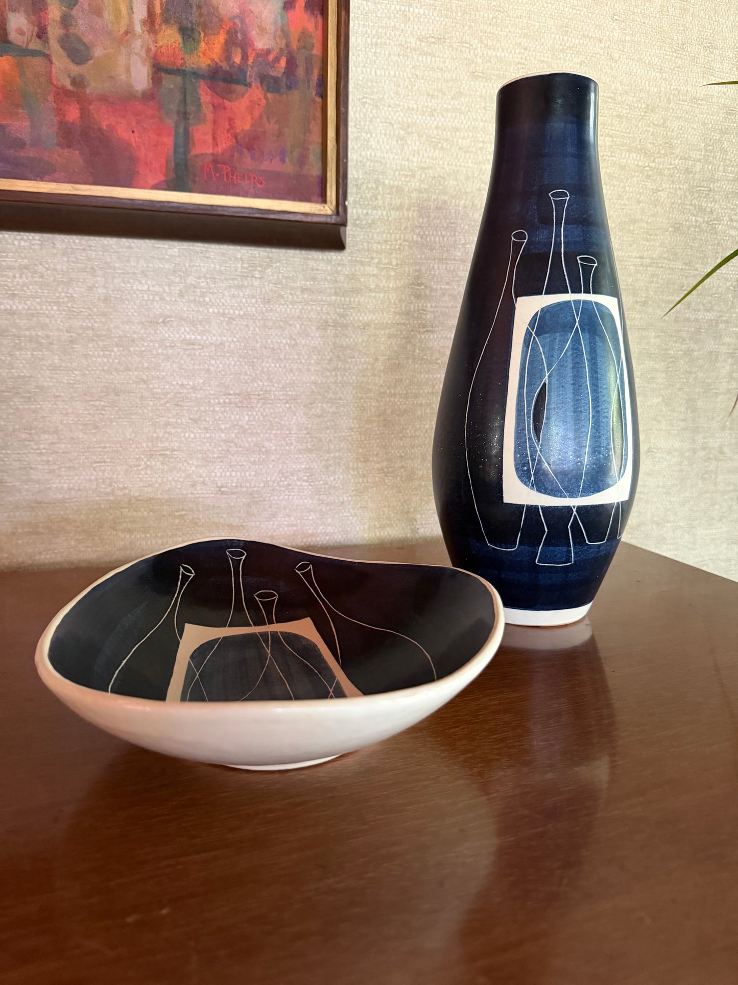 1950's Alvino Bagni for Raymor Set of Handmade Ceramic Pottery Tray and Vase with Abstract Blue White Black Bottles Decor