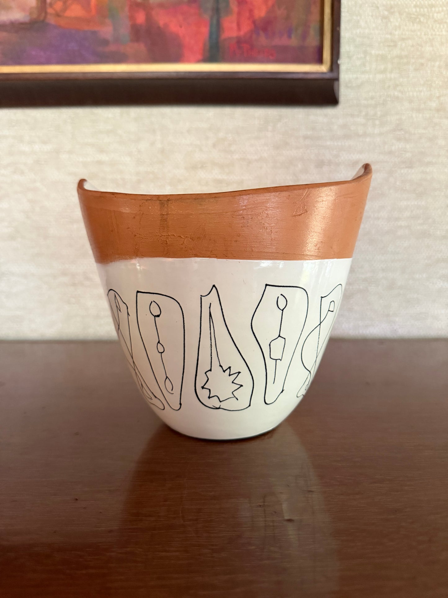 Early 1950's Aldo Londi for Bitossi Handmade White, Black and Brown Italian Ceramic Pottery Vase with Abstract Figures