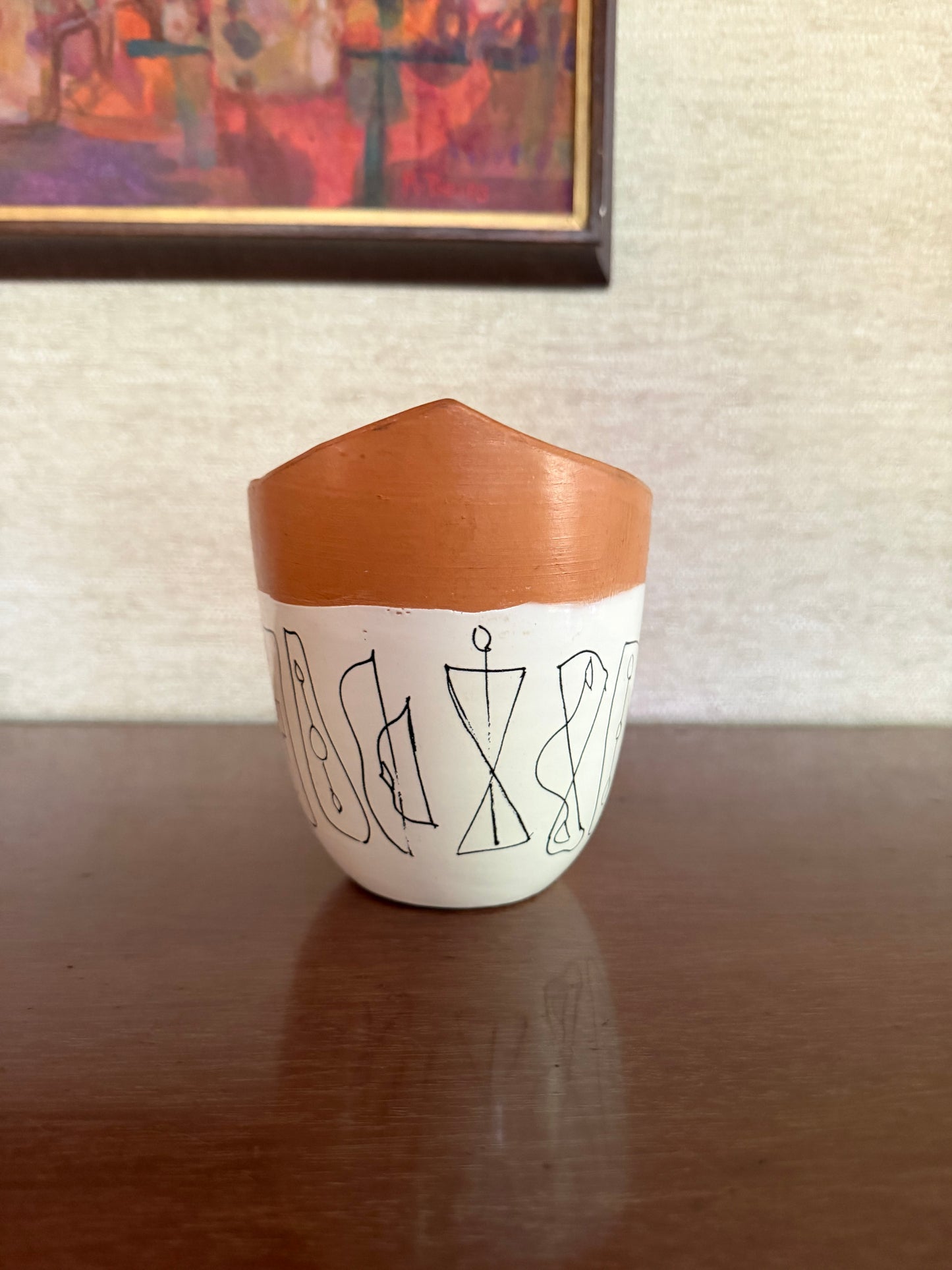 Early 1950's Aldo Londi for Bitossi Handmade White, Black and Brown Italian Ceramic Pottery Vase with Abstract Figures