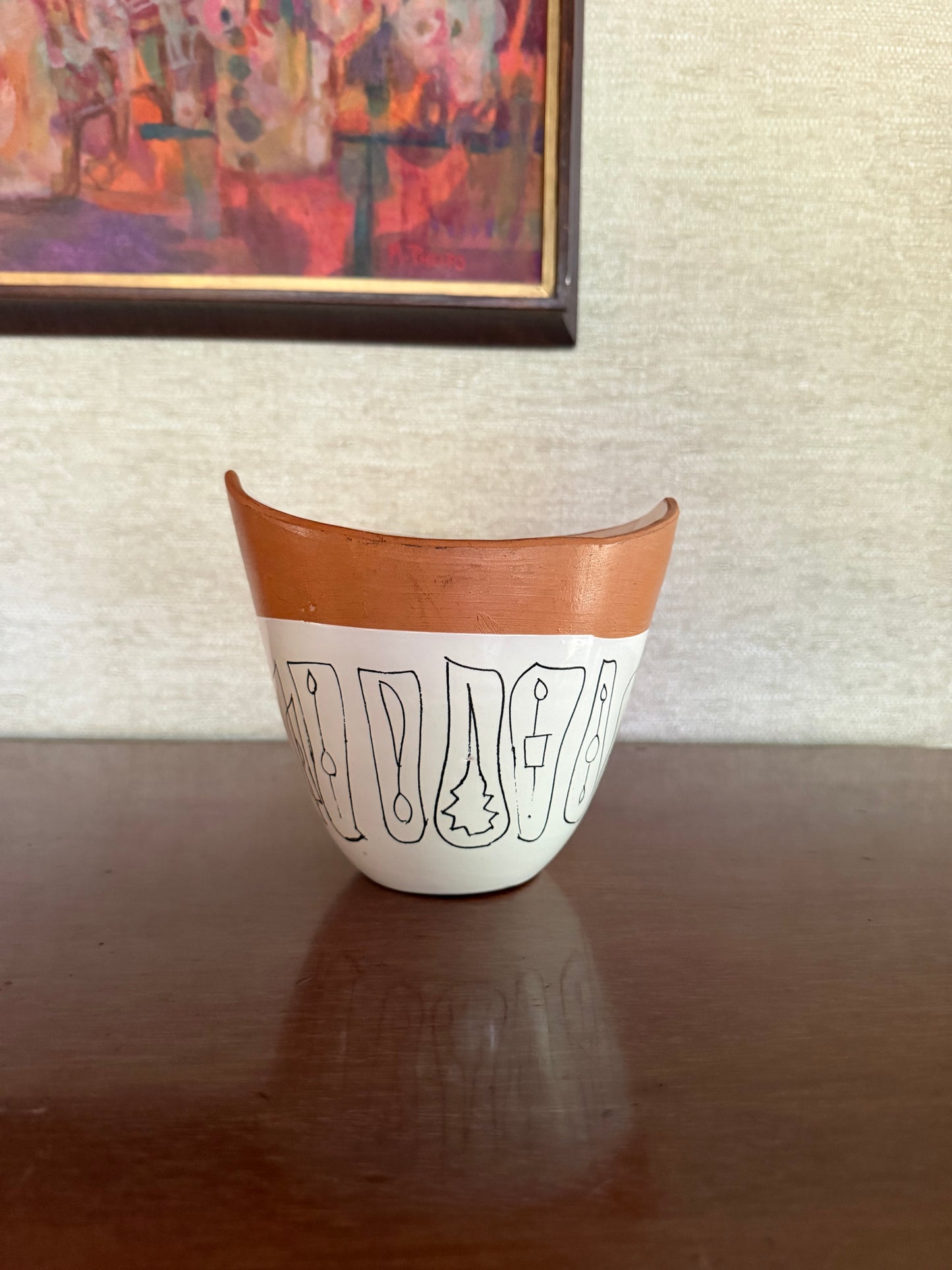 Early 1950's Aldo Londi for Bitossi Handmade White, Black and Brown Italian Ceramic Pottery Vase with Abstract Figures