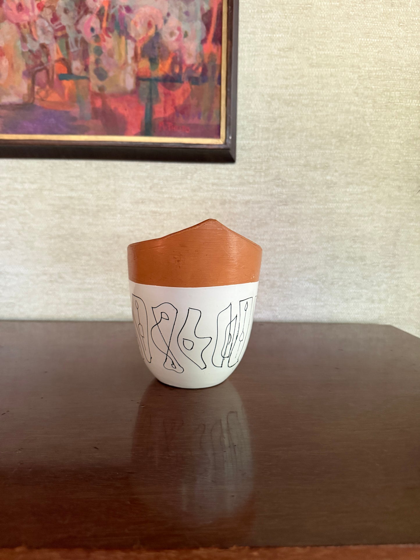 Early 1950's Aldo Londi for Bitossi Handmade White, Black and Brown Italian Ceramic Pottery Vase with Abstract Figures