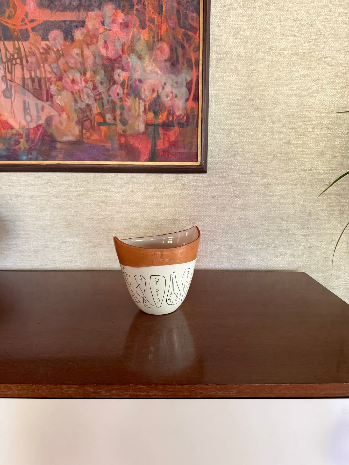 Early 1950's Aldo Londi for Bitossi Handmade White, Black and Brown Italian Ceramic Pottery Vase with Abstract Figures