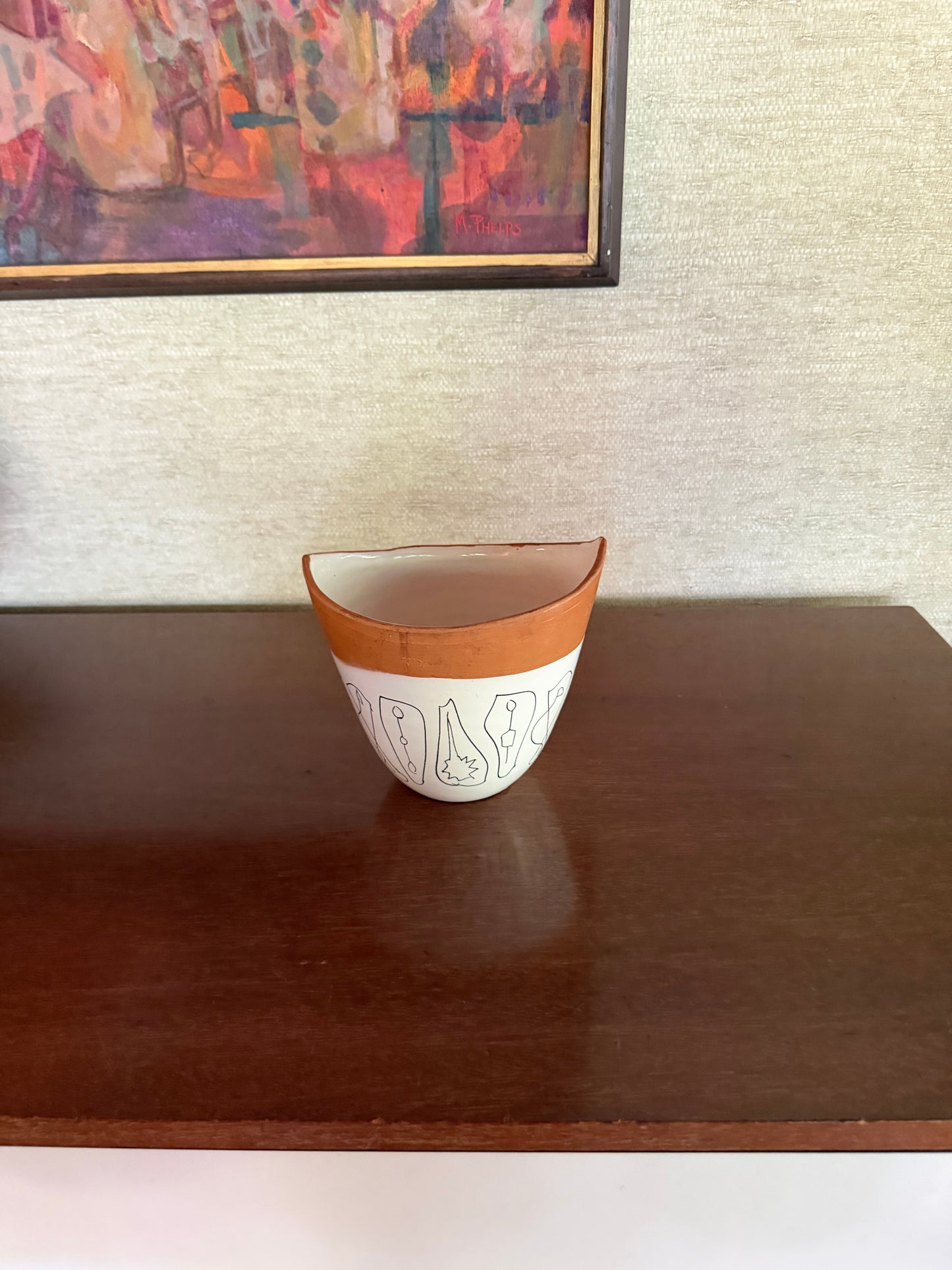 Early 1950's Aldo Londi for Bitossi Handmade White, Black and Brown Italian Ceramic Pottery Vase with Abstract Figures