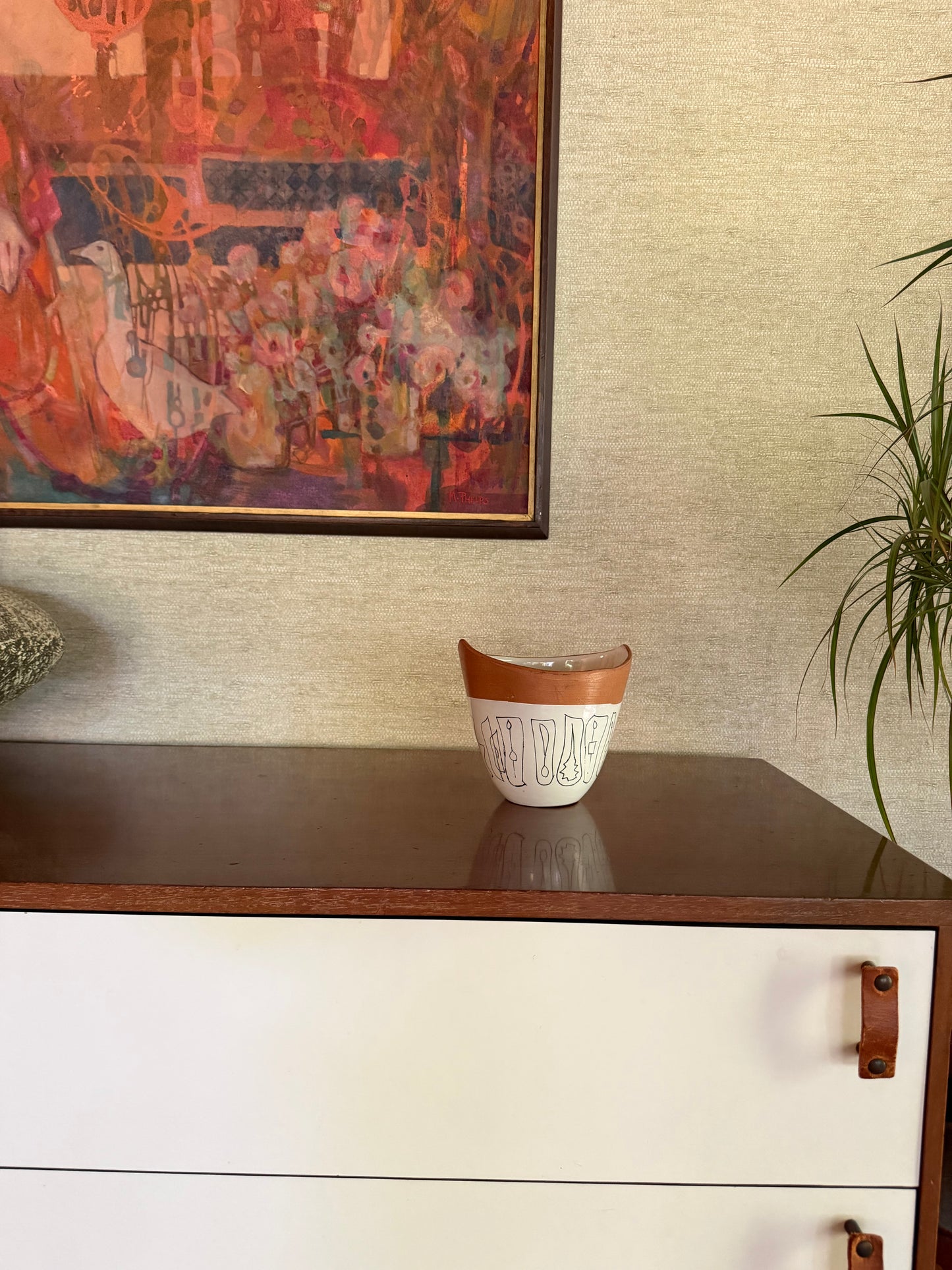Early 1950's Aldo Londi for Bitossi Handmade White, Black and Brown Italian Ceramic Pottery Vase with Abstract Figures
