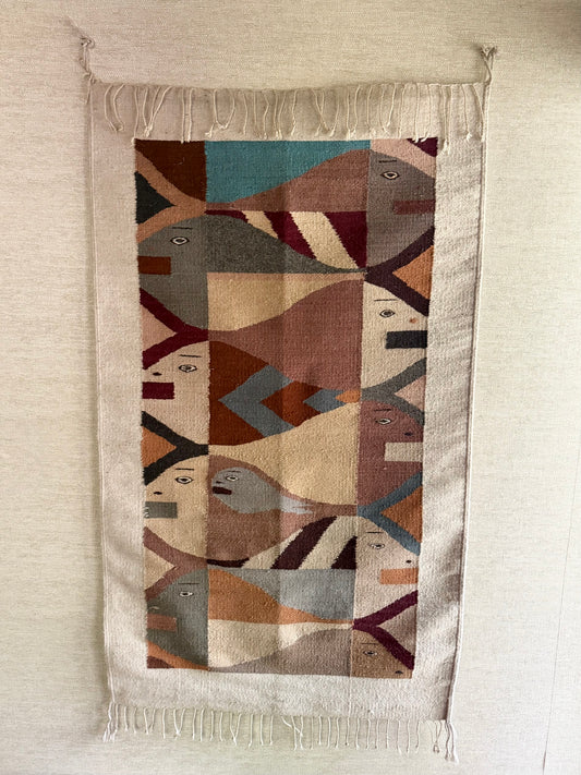 1960's Handmade Geometric Wool Fish Hanging Tapestry // Area Rug