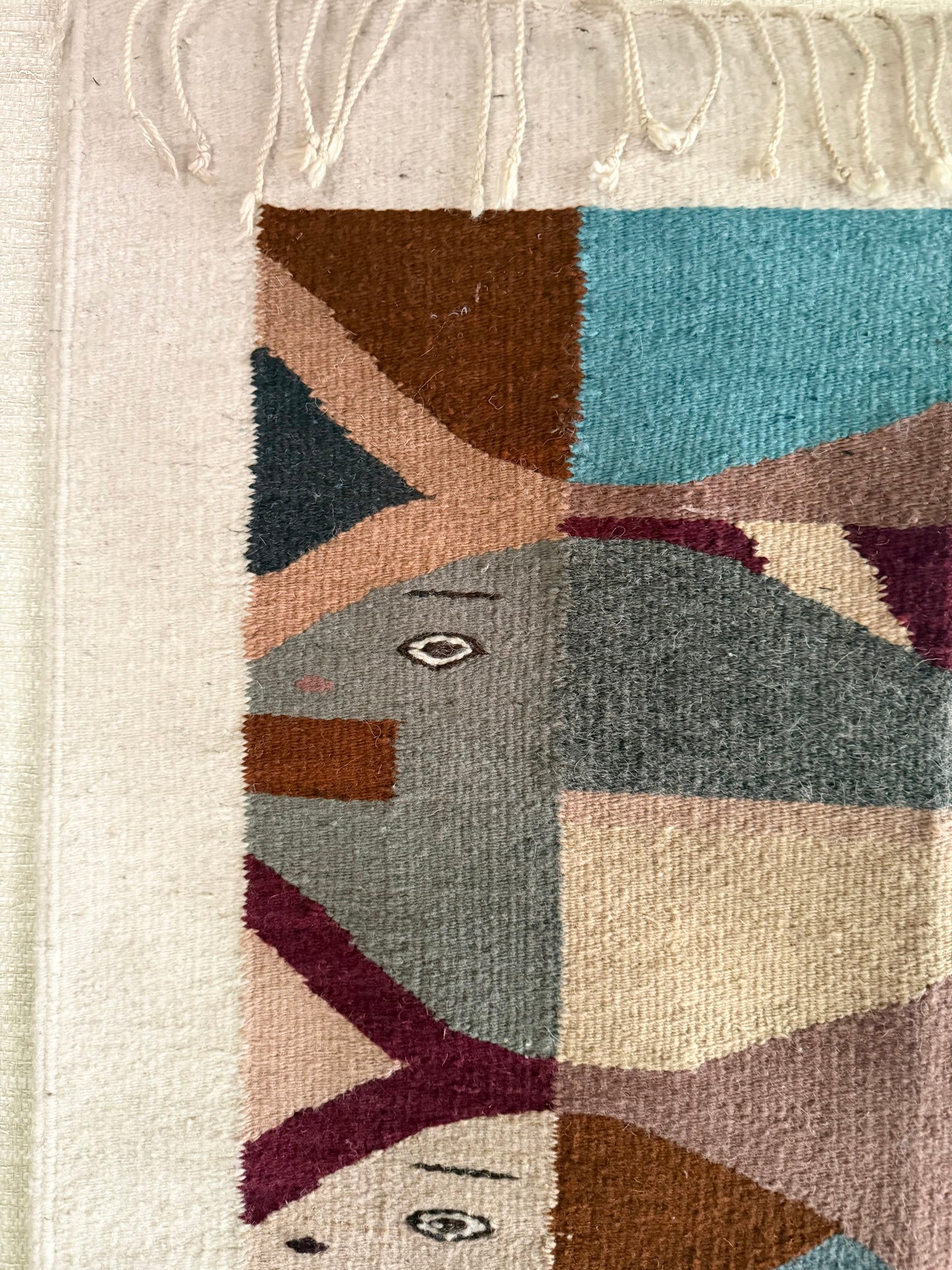 1960's Handmade Geometric Wool Fish Hanging Tapestry // Area Rug