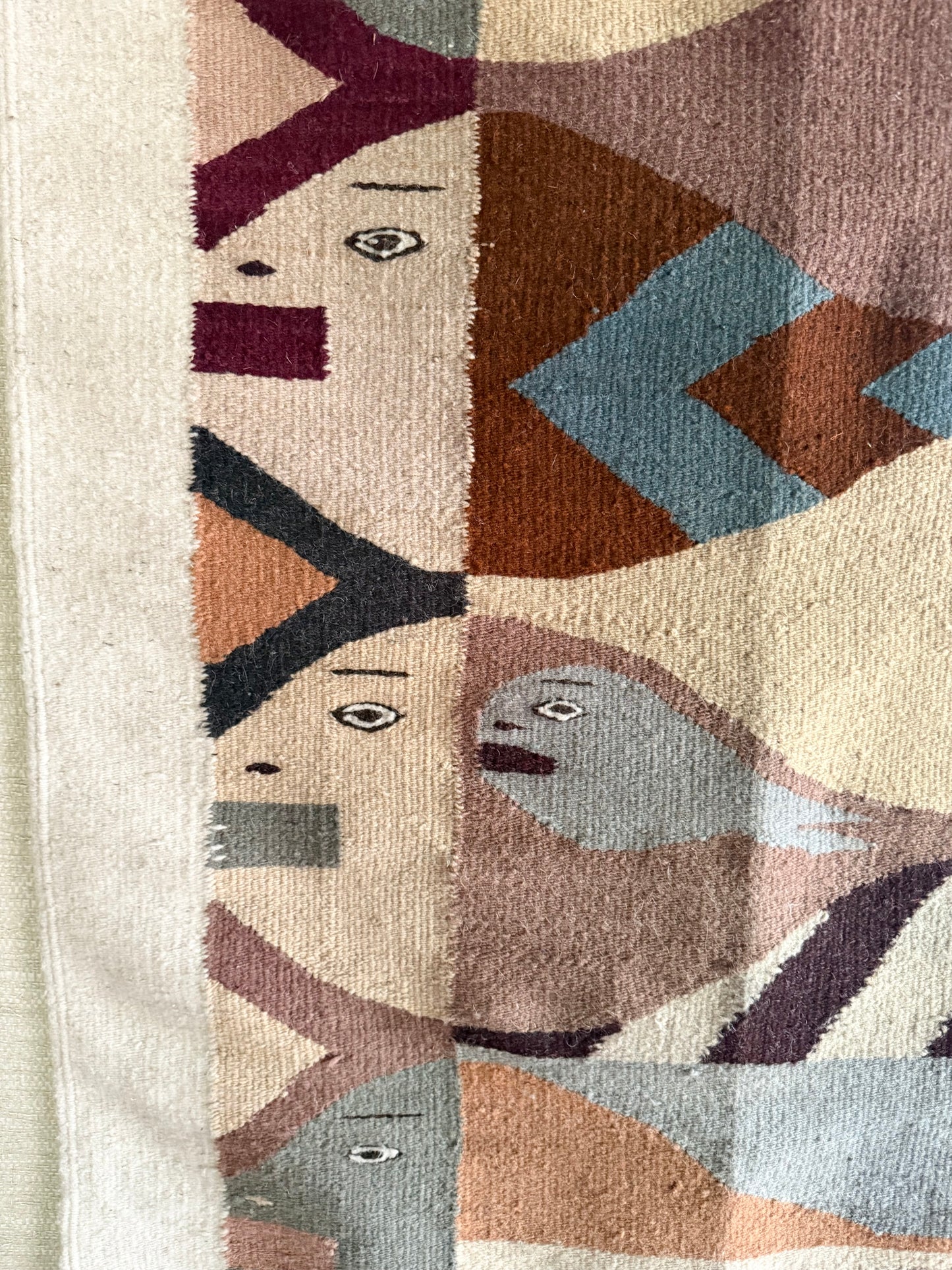 1960's Handmade Geometric Wool Fish Hanging Tapestry // Area Rug