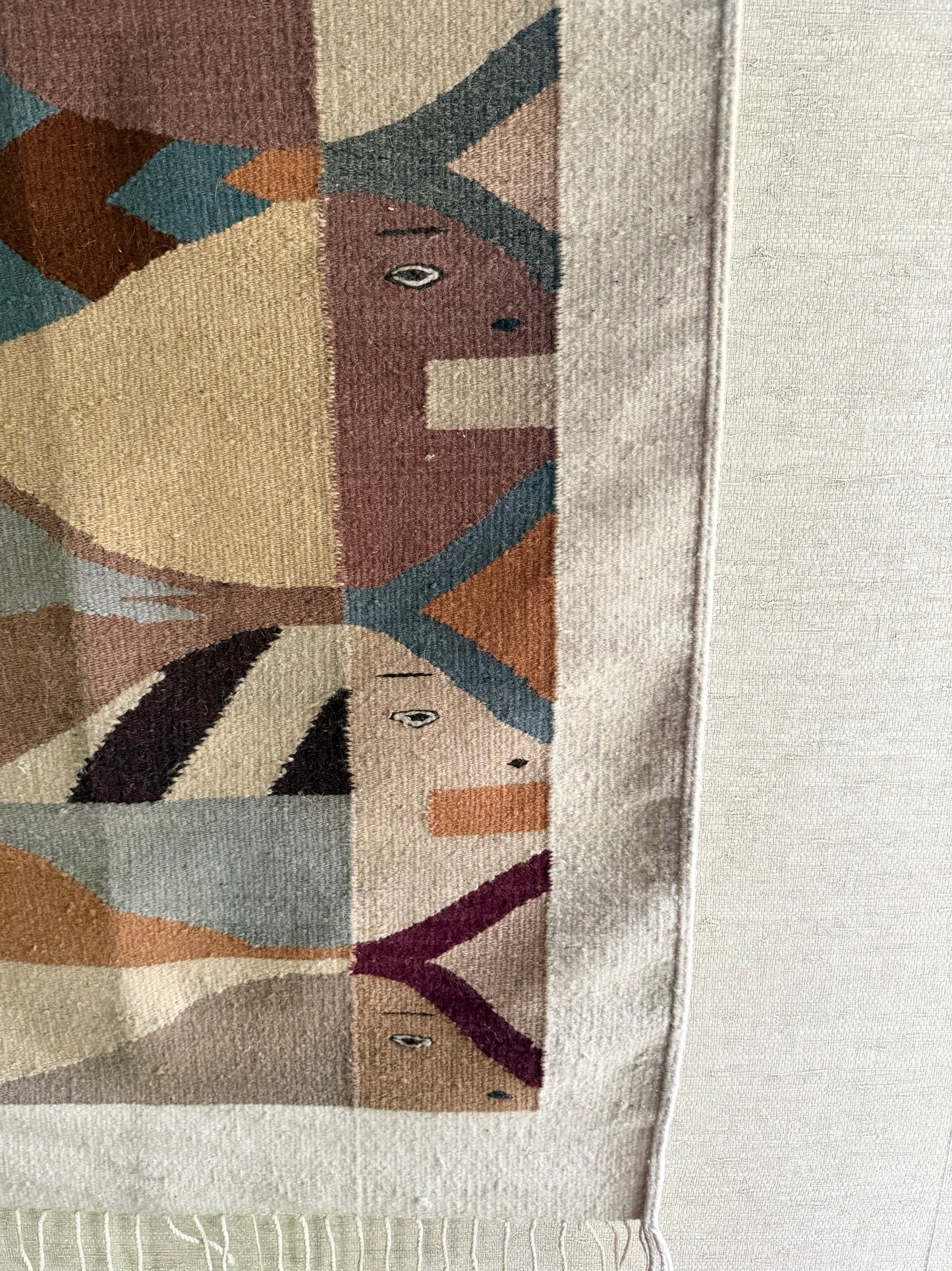 1960's Handmade Geometric Wool Fish Hanging Tapestry // Area Rug