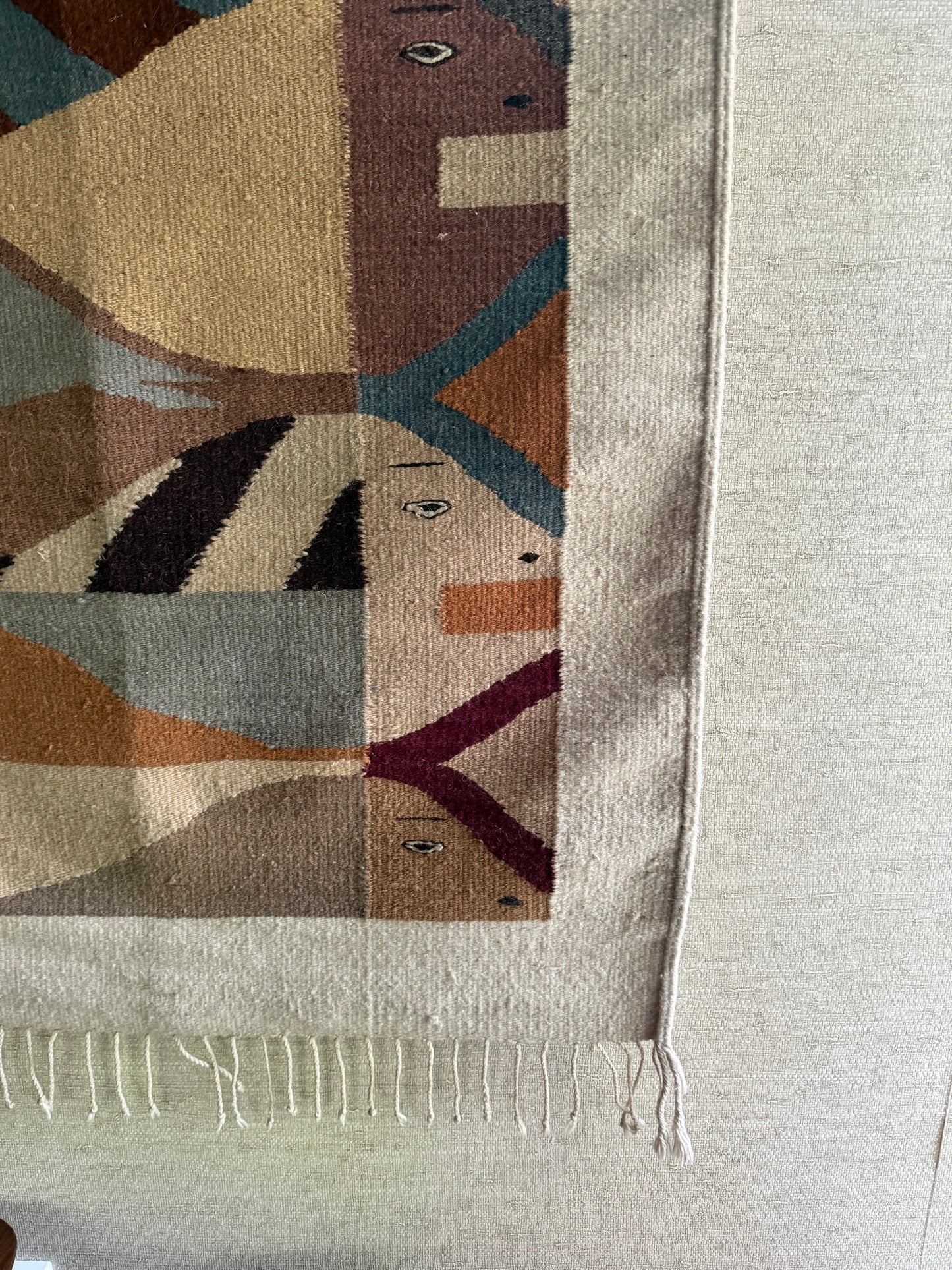 1960's Handmade Geometric Wool Fish Hanging Tapestry // Area Rug
