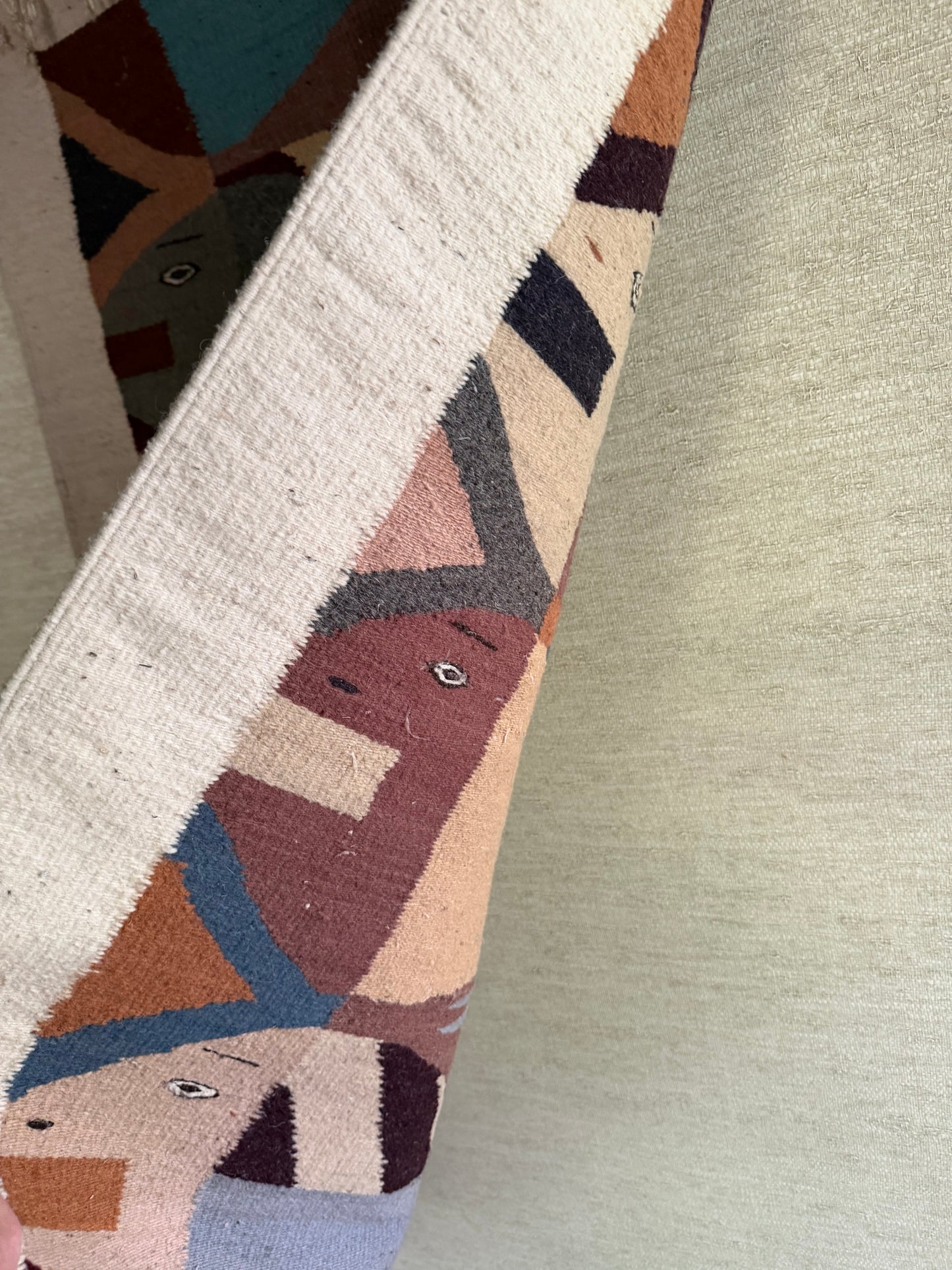 1960's Handmade Geometric Wool Fish Hanging Tapestry // Area Rug