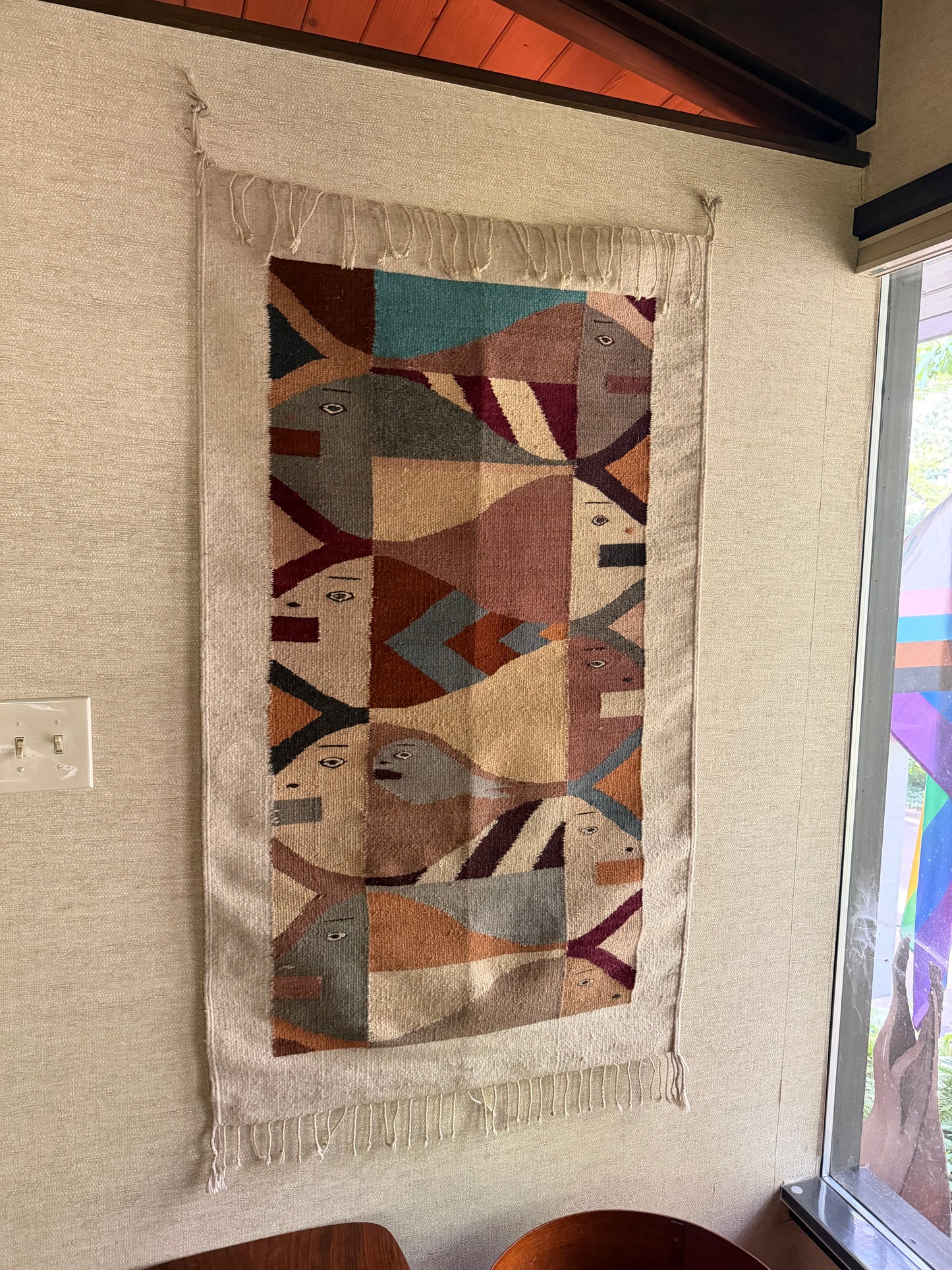 1960's Handmade Geometric Wool Fish Hanging Tapestry // Area Rug