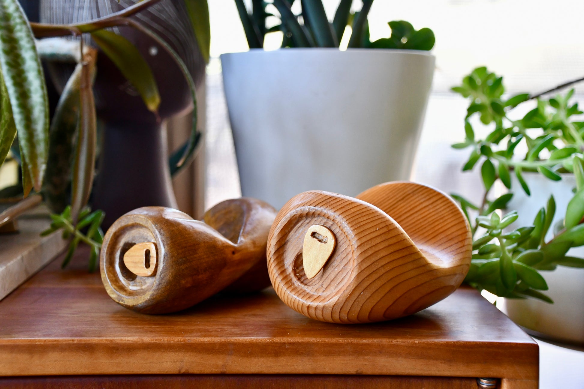 Two wooden cylindrical objects with heart-shaped cutouts on a wooden surface with plants in the background.