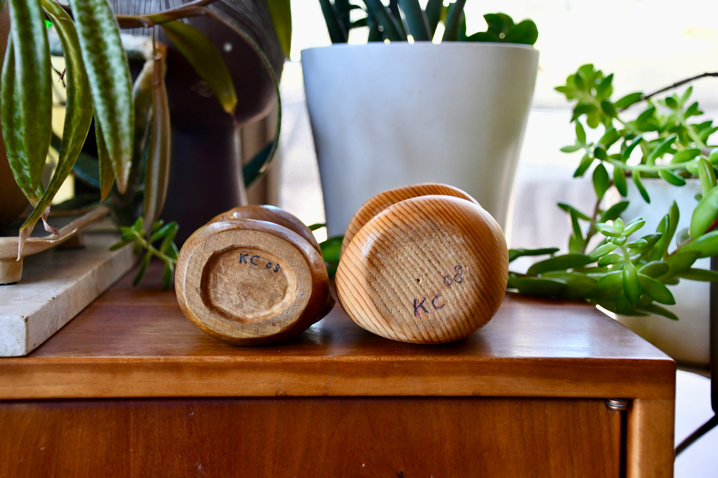 Two wooden containers with 'KC' branding on a wooden surface with plants in the background.