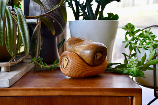 Wooden decorative item with a heart design on a wooden surface surrounded by plants