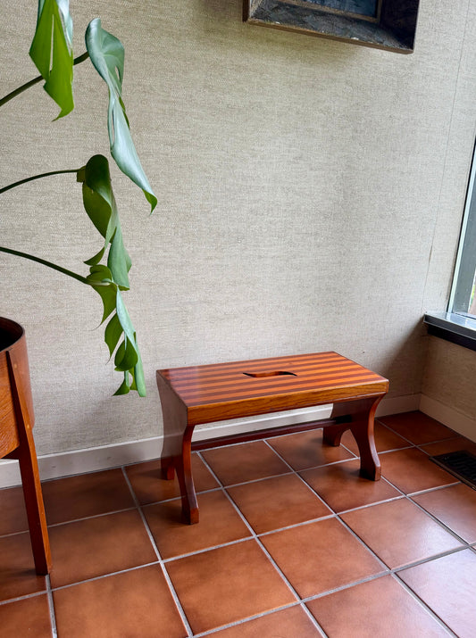 Wooden stool against a textured wall with a plant in the foreground.
