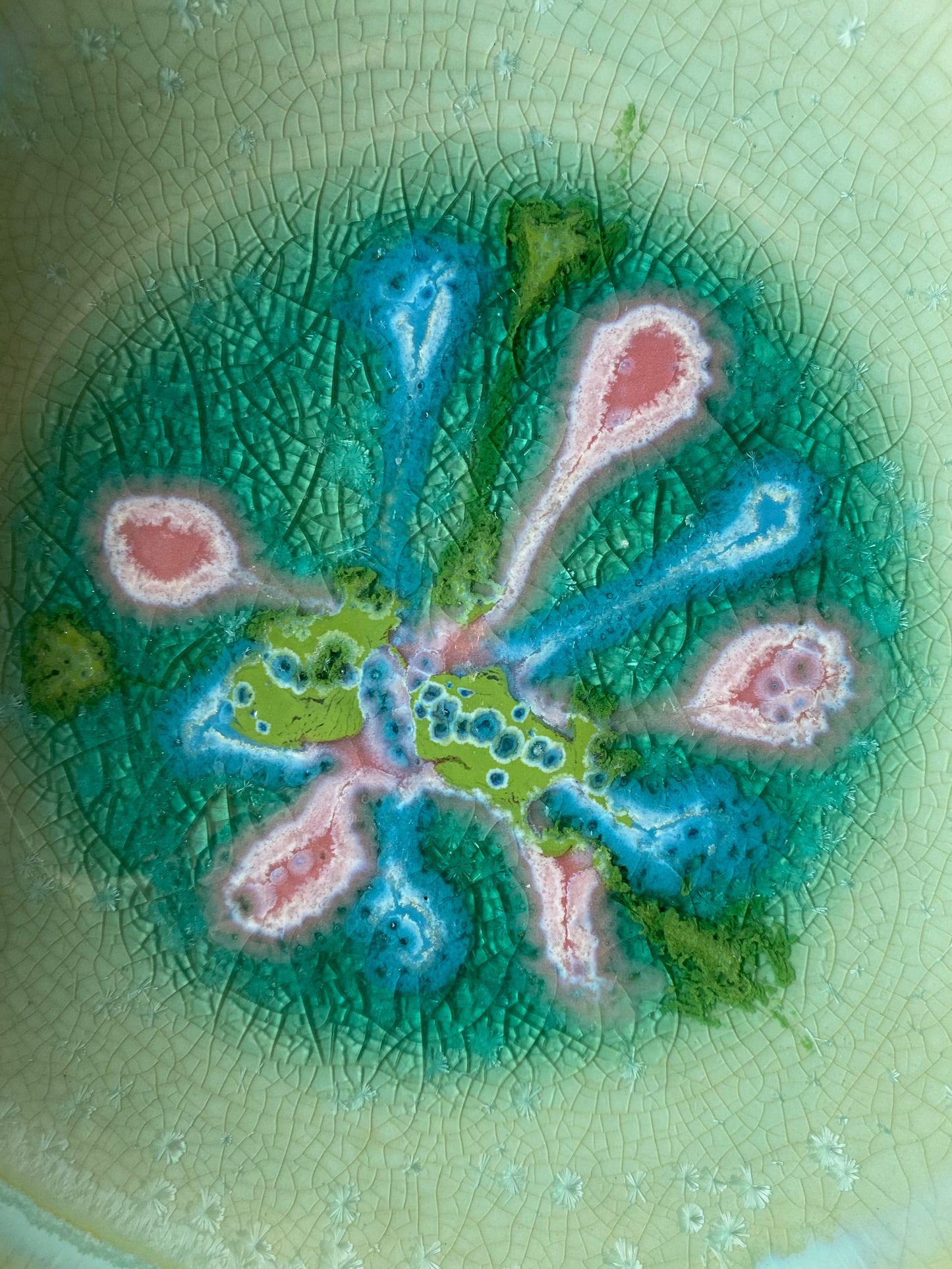 Decorative ceramic plate with a floral design on a textured green background