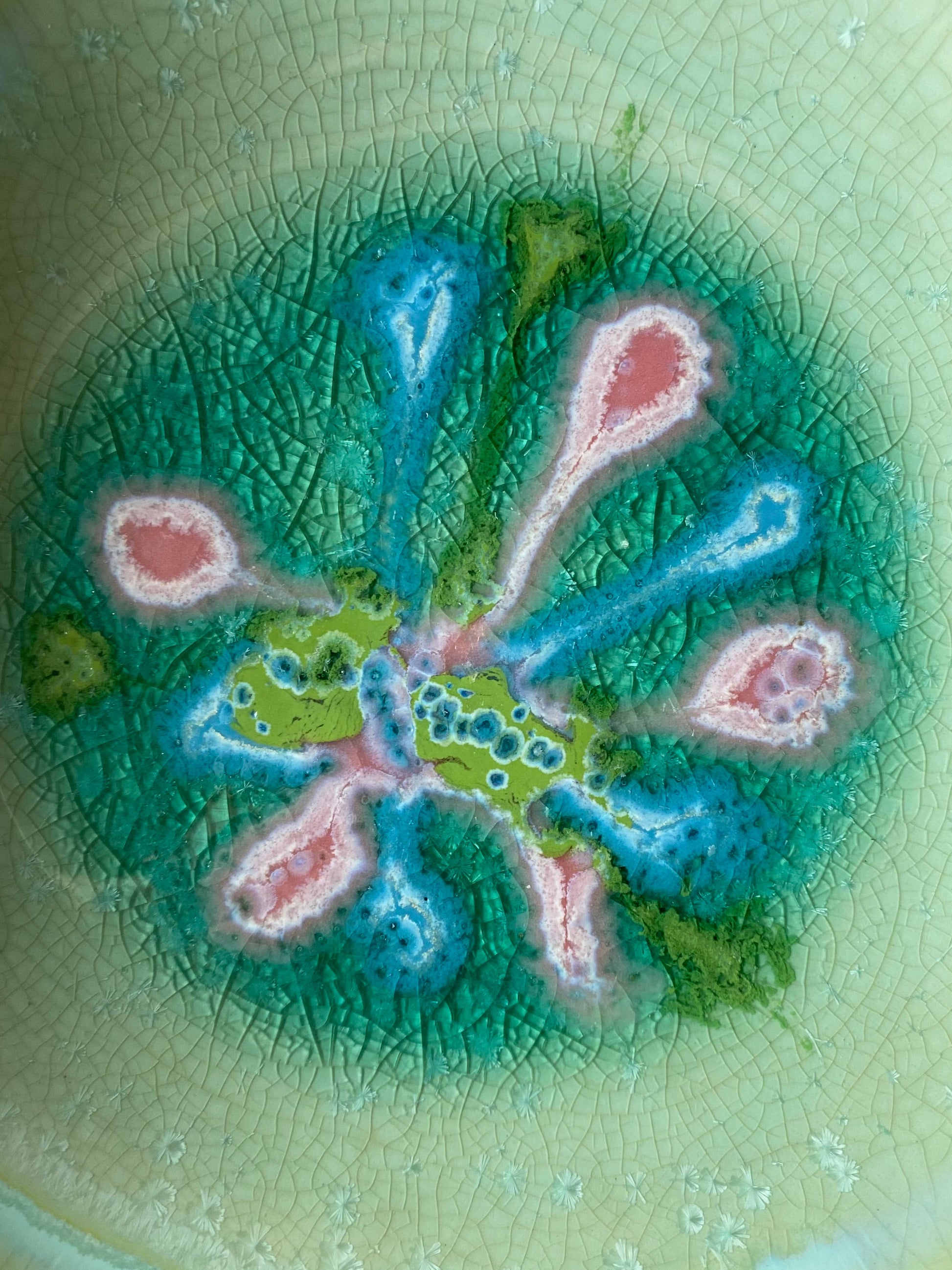 Decorative ceramic plate with a floral design on a textured green background