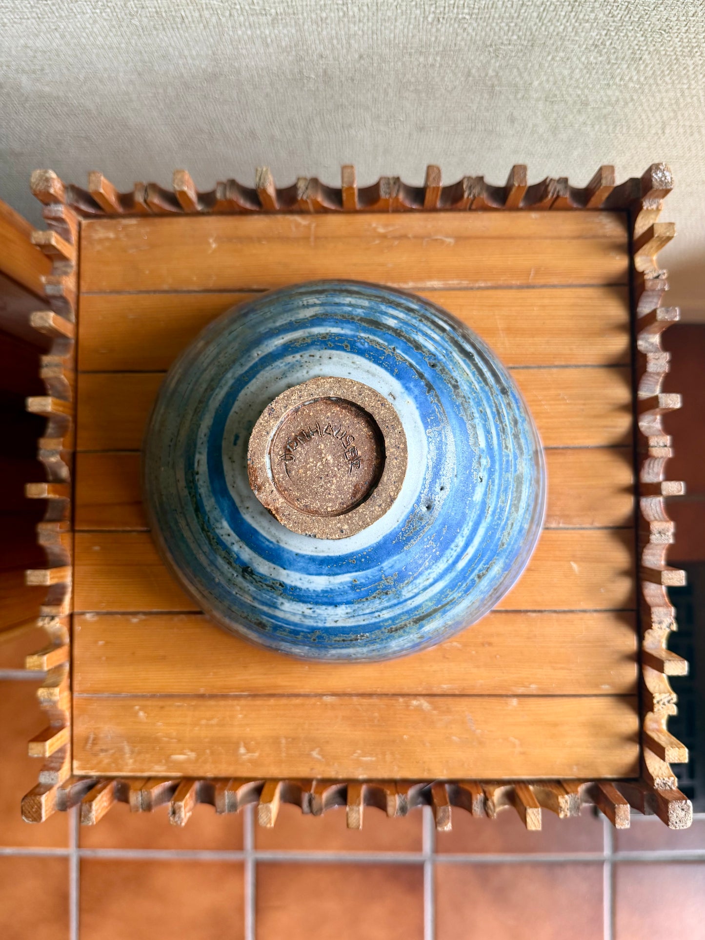 Vintage Handmade One-of-a-KInd White Blue Black Round Bowl by Paul Donhauser, ca. 1960's