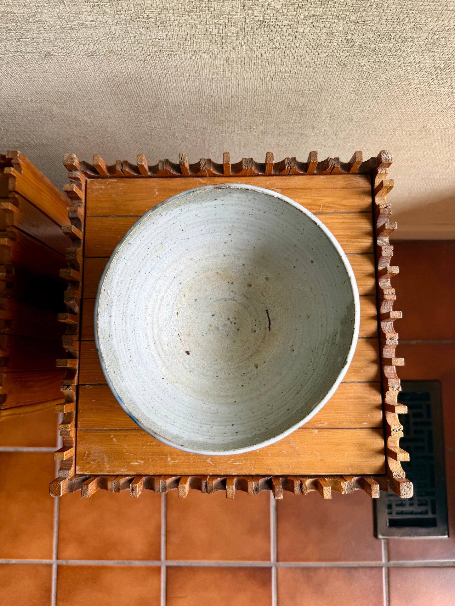 Vintage Handmade One-of-a-KInd White Blue Black Round Bowl by Paul Donhauser, ca. 1960's