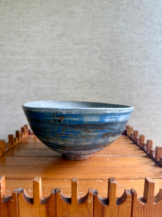 Vintage Handmade One-of-a-KInd White Blue Black Round Bowl by Paul Donhauser, ca. 1960's