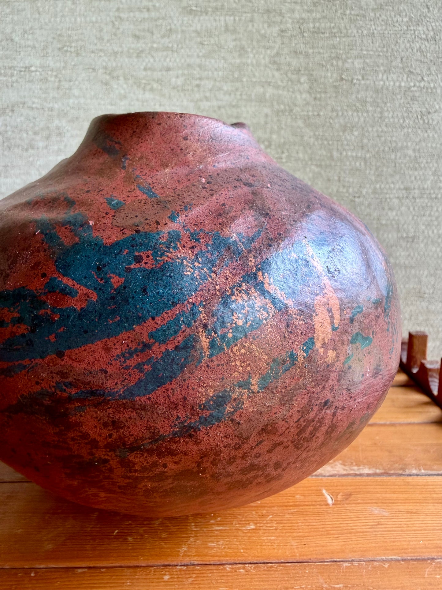 Vintage Handmade One-of-a-Kind Artist Signed Red Orange Black Round Abstract Vase, ca. 1991