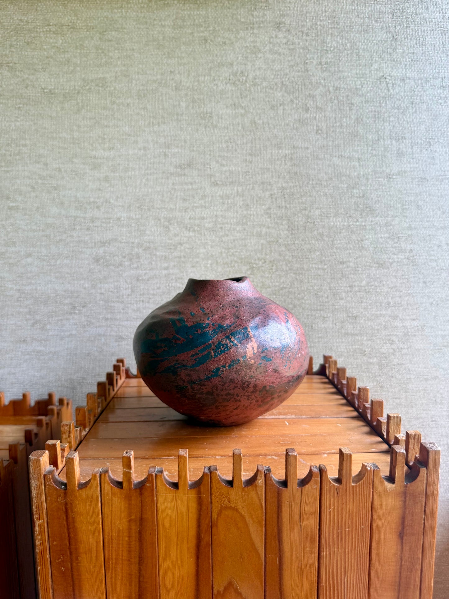 Vintage Handmade One-of-a-Kind Artist Signed Red Orange Black Round Abstract Vase, ca. 1991