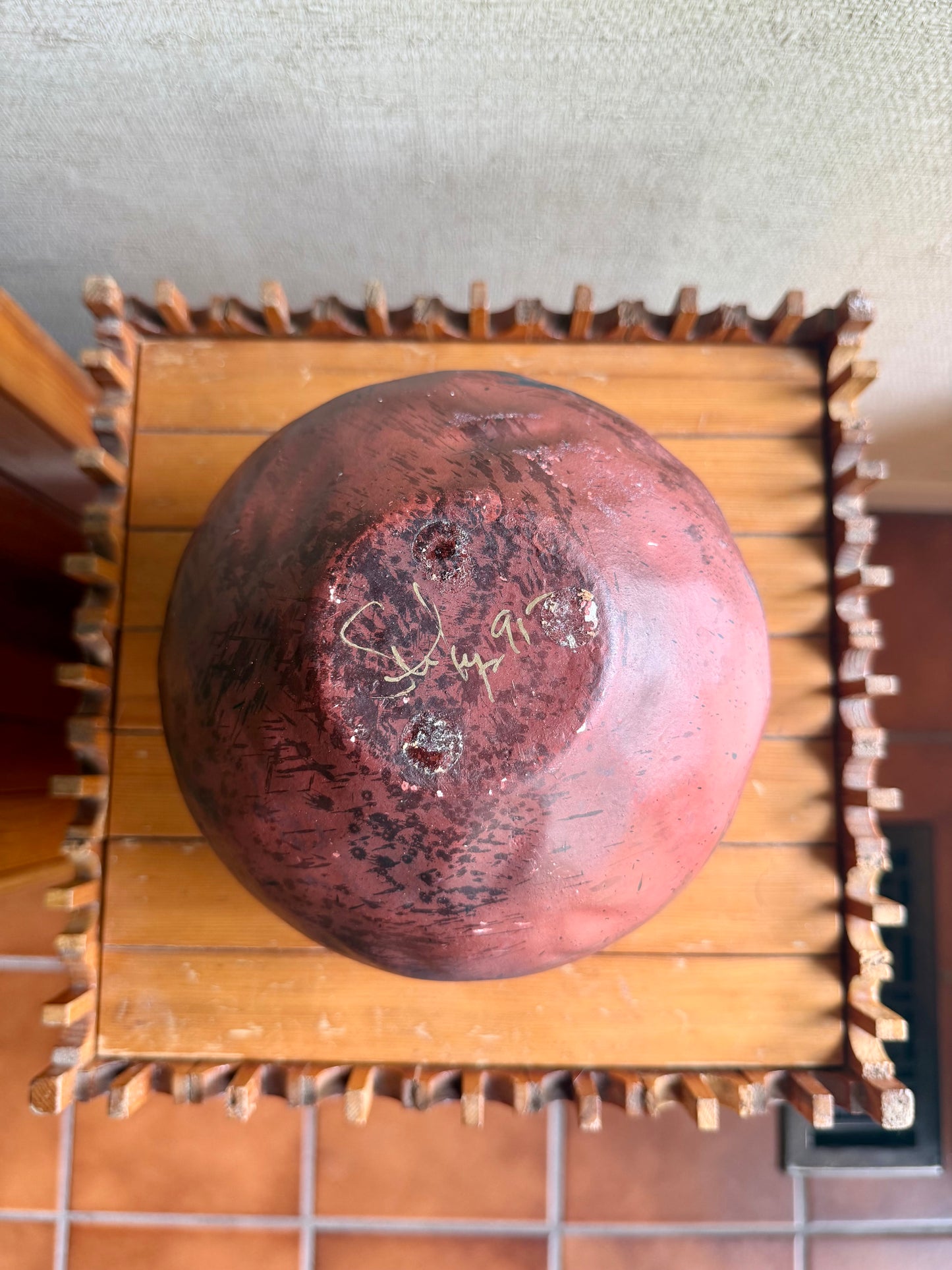 Vintage Handmade One-of-a-Kind Artist Signed Red Orange Black Round Abstract Vase, ca. 1991
