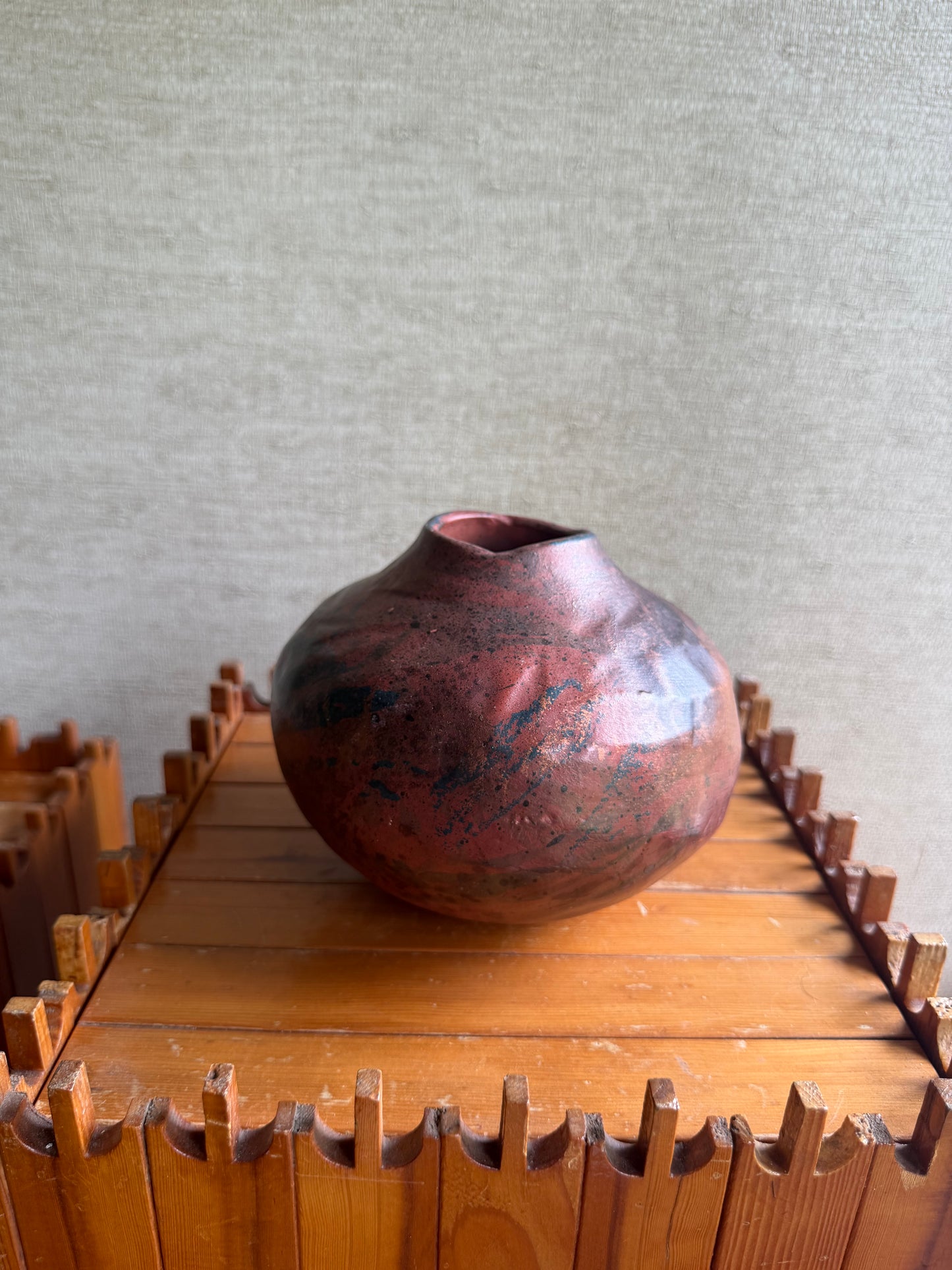 Vintage Handmade One-of-a-Kind Artist Signed Red Orange Black Round Abstract Vase, ca. 1991