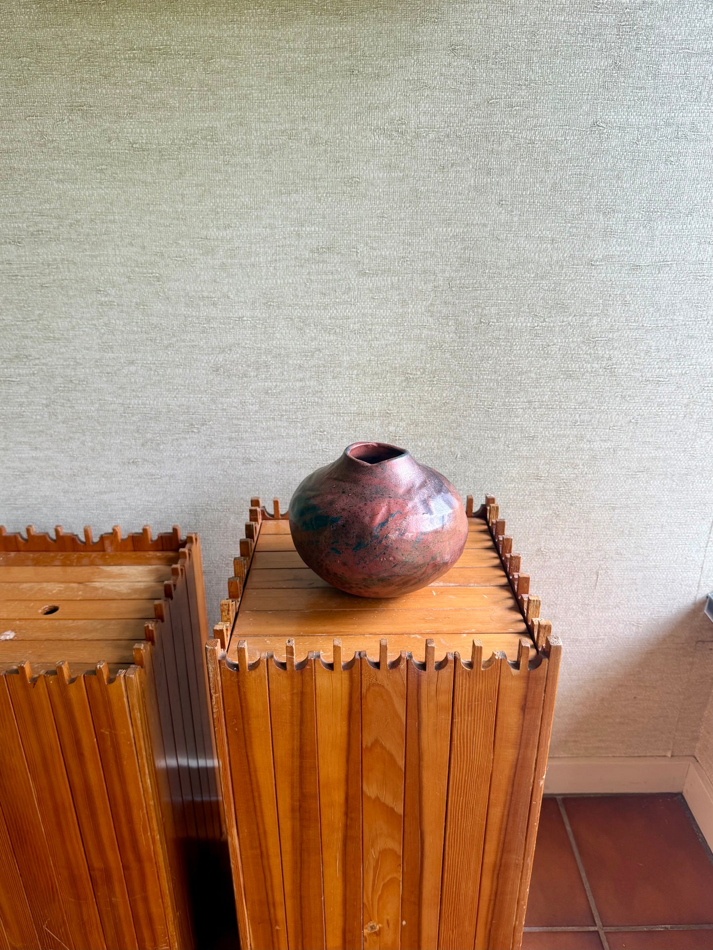 Vintage Handmade One-of-a-Kind Artist Signed Red Orange Black Round Abstract Vase, ca. 1991