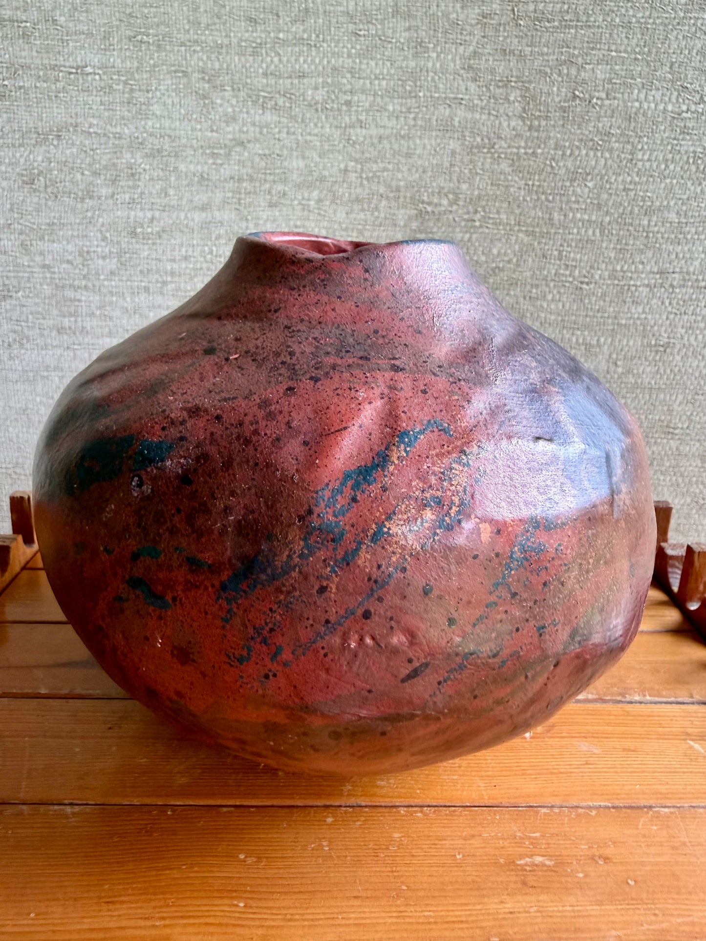 Vintage Handmade One-of-a-Kind Artist Signed Red Orange Black Round Abstract Vase, ca. 1991