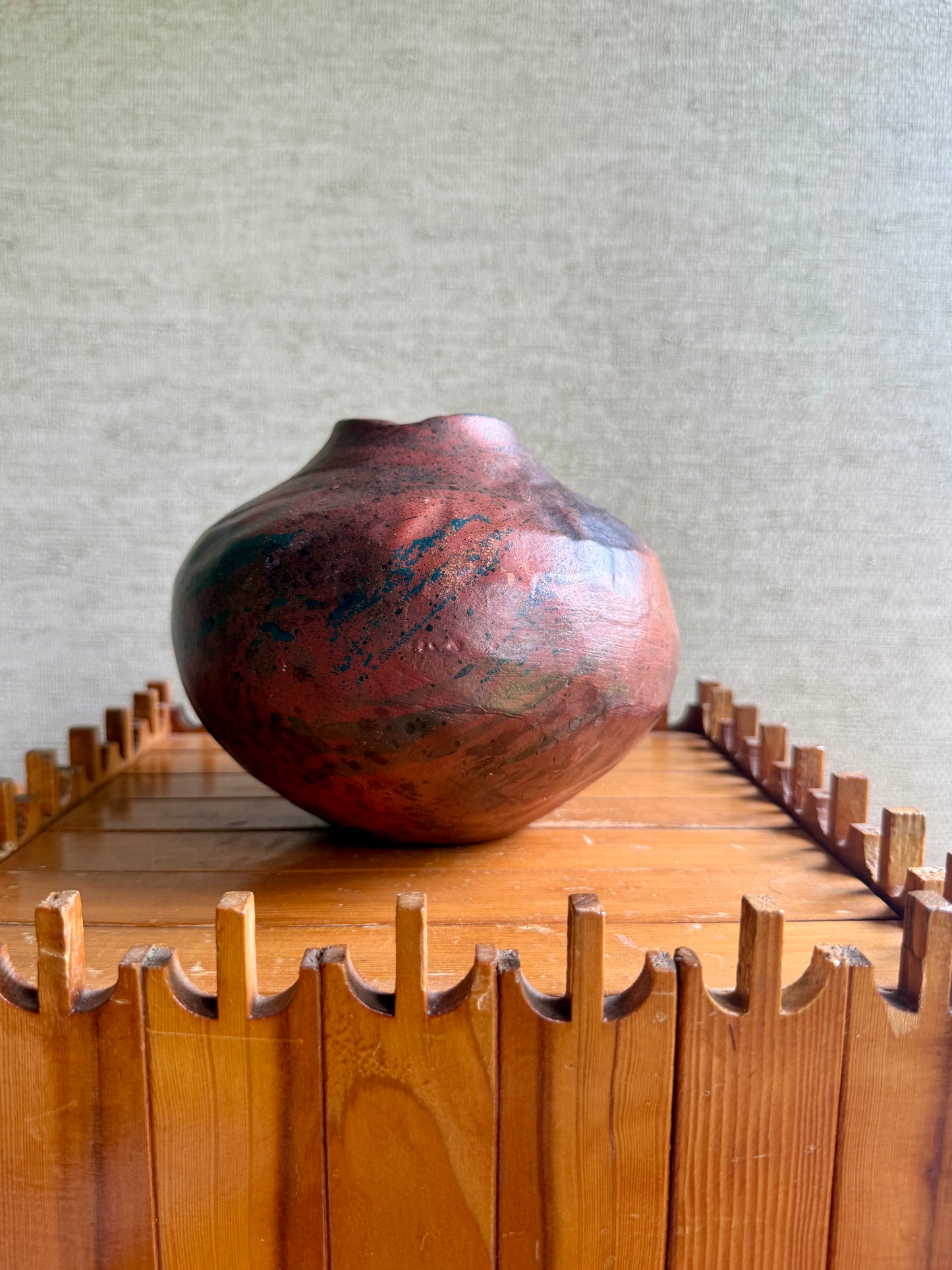 Vintage Handmade One-of-a-Kind Artist Signed Red Orange Black Round Abstract Vase, ca. 1991