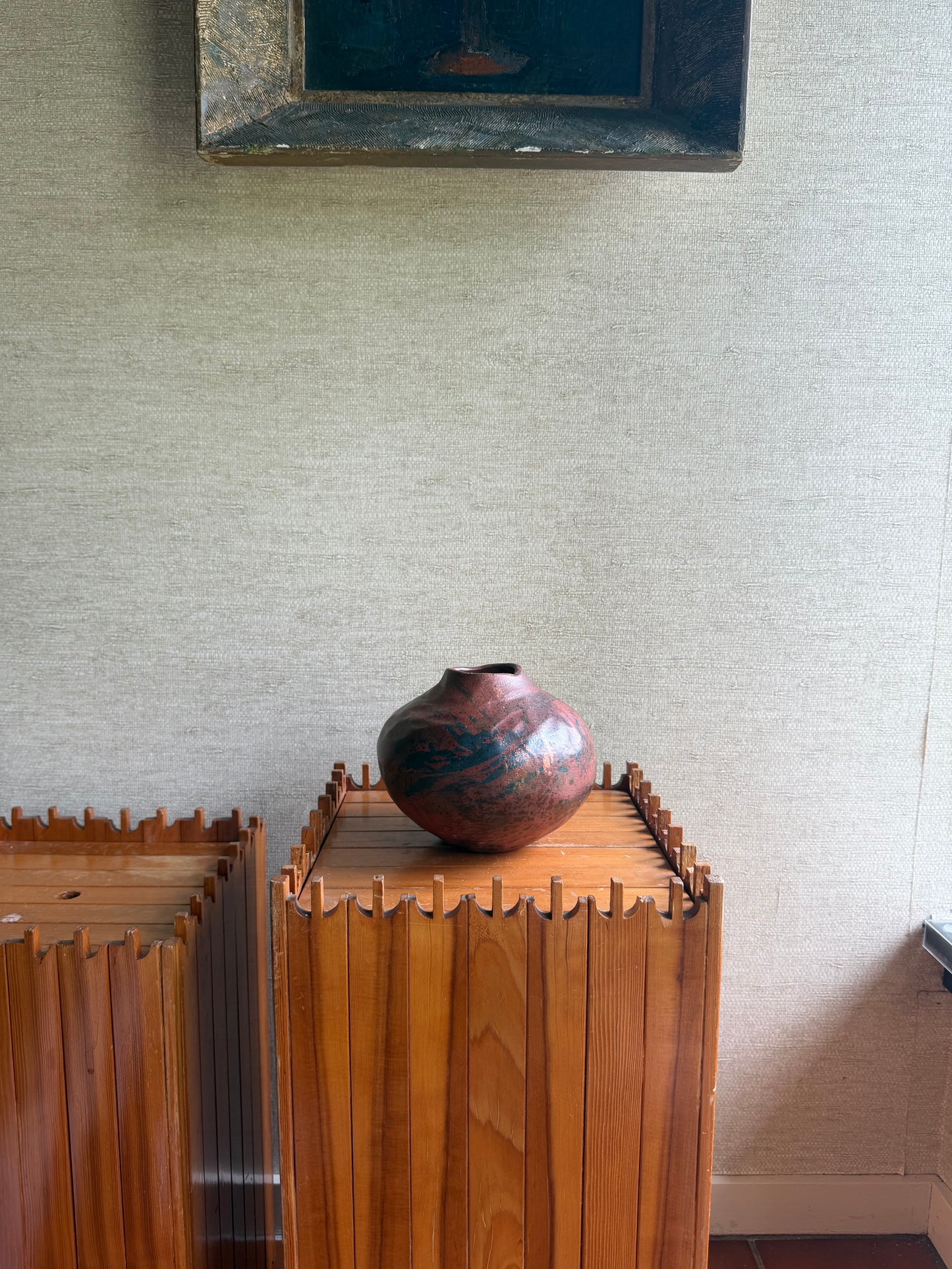 Vintage Handmade One-of-a-Kind Artist Signed Red Orange Black Round Abstract Vase, ca. 1991