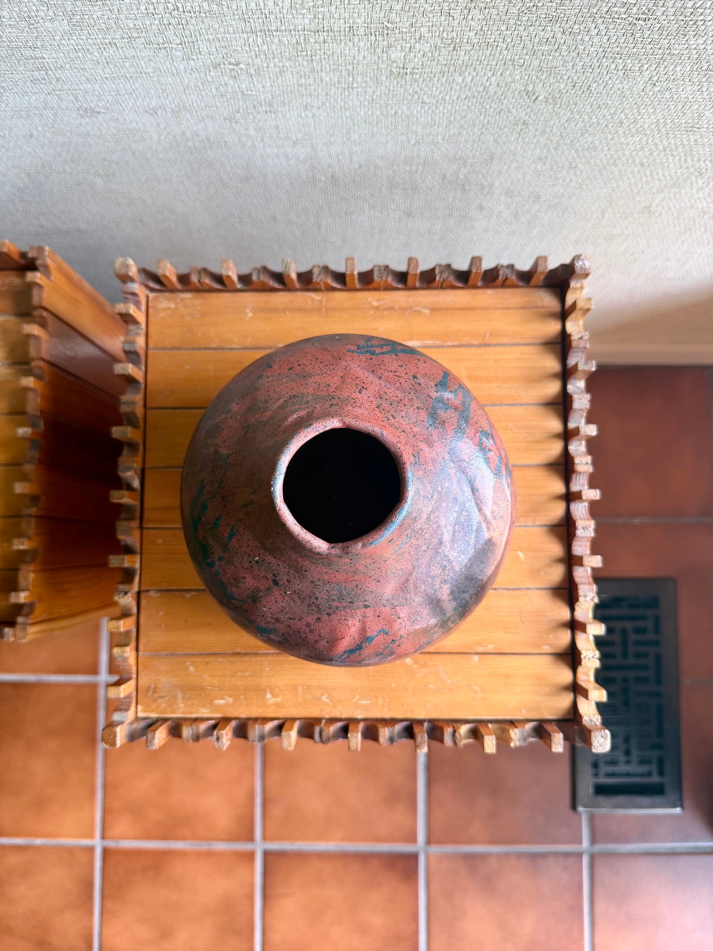Vintage Handmade One-of-a-Kind Artist Signed Red Orange Black Round Abstract Vase, ca. 1991