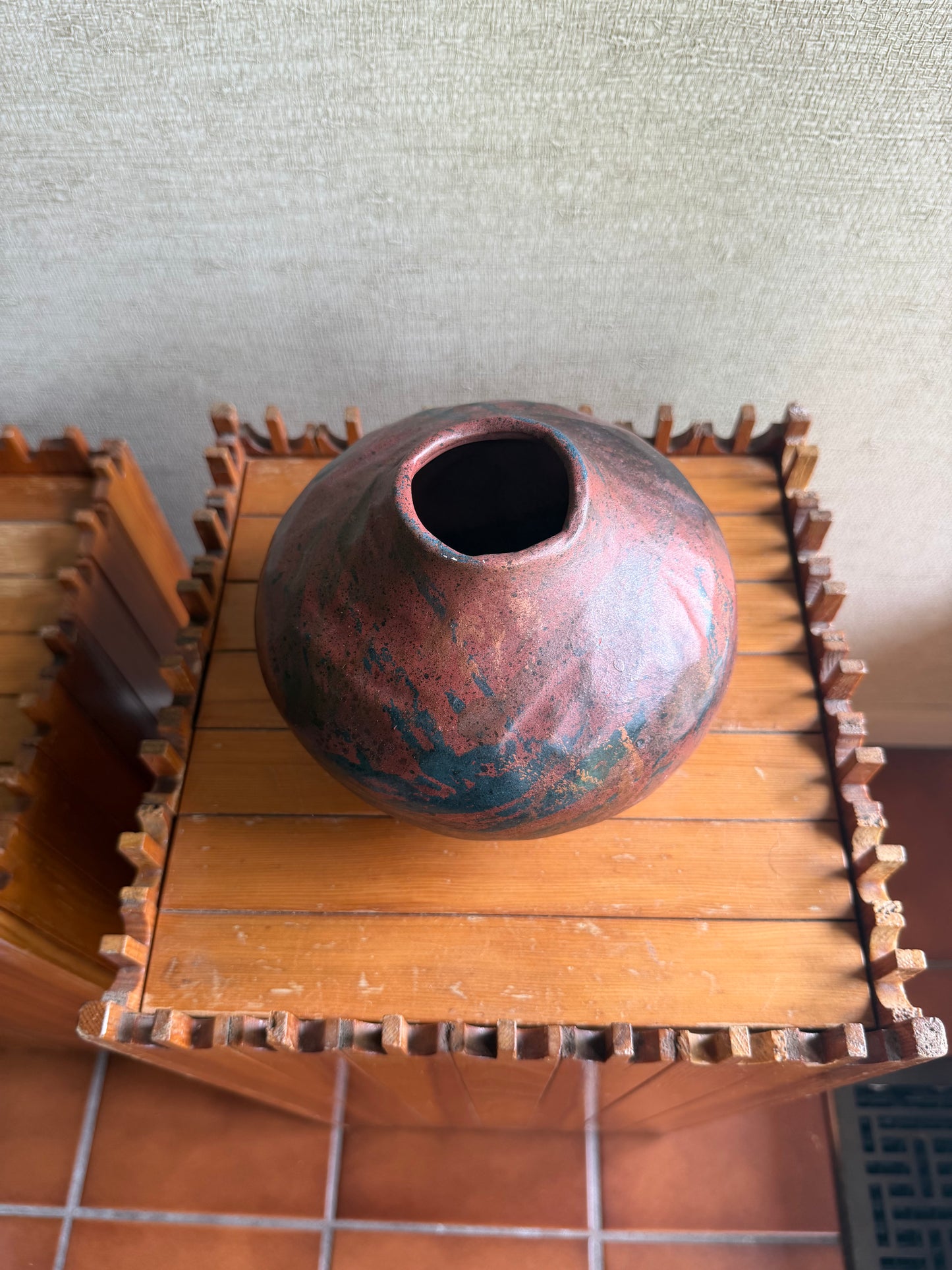 Vintage Handmade One-of-a-Kind Artist Signed Red Orange Black Round Abstract Vase, ca. 1991