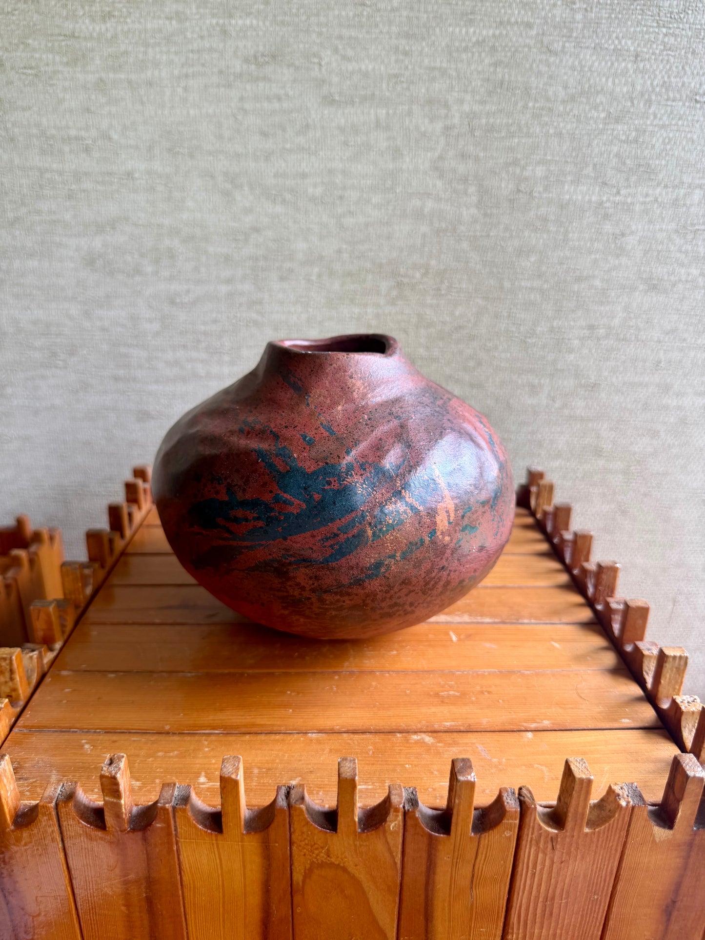 Vintage Handmade One-of-a-Kind Artist Signed Red Orange Black Round Abstract Vase, ca. 1991