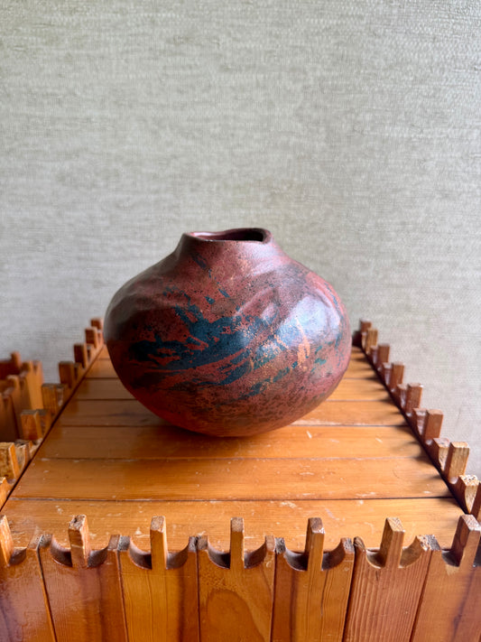 Vintage Handmade One-of-a-Kind Artist Signed Red Orange Black Round Abstract Vase, ca. 1991