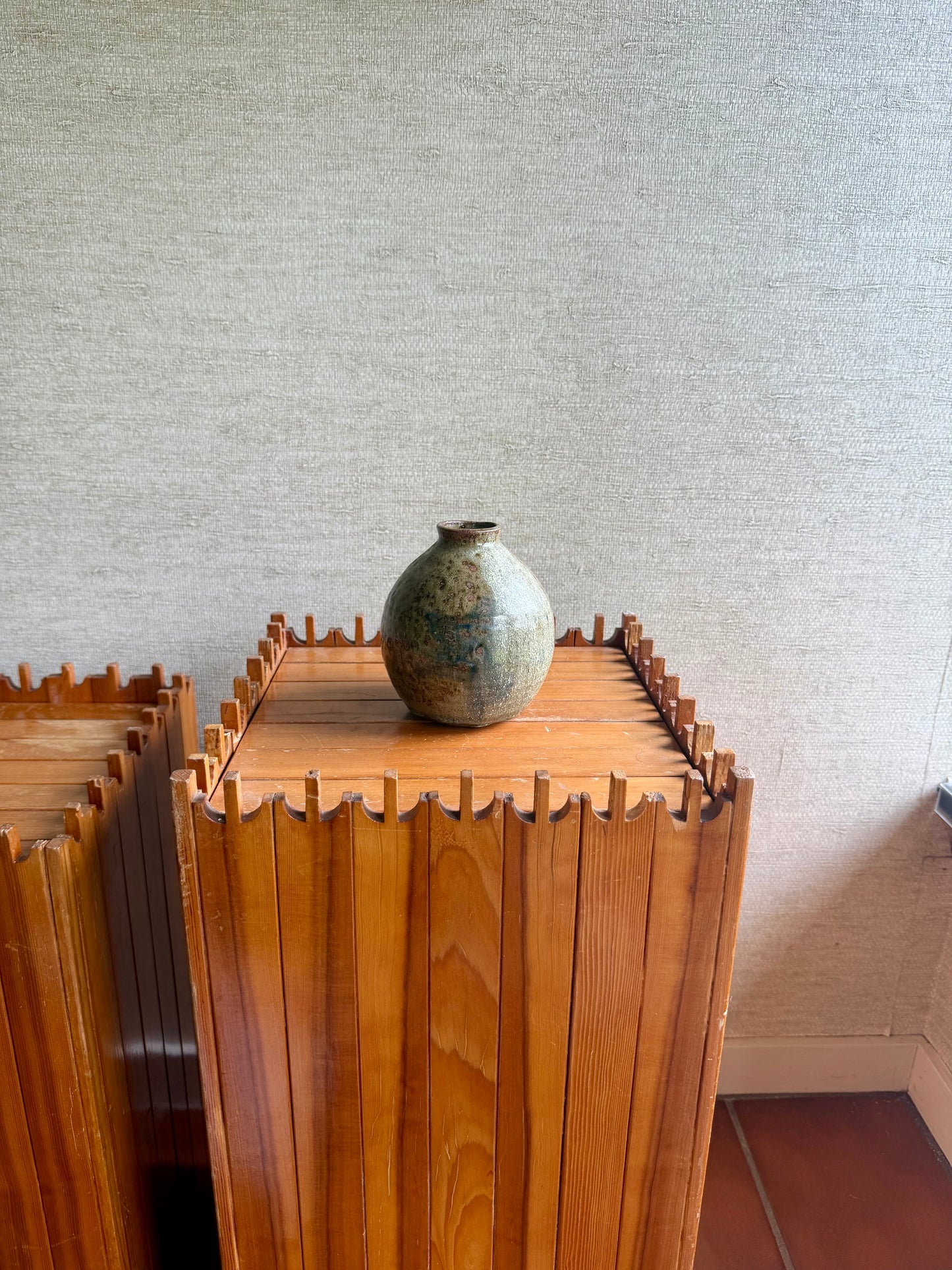 Vintage Handmade One-of-a-Kind Round Bulbous Abstract Green Brown Vase, ca. 1970's