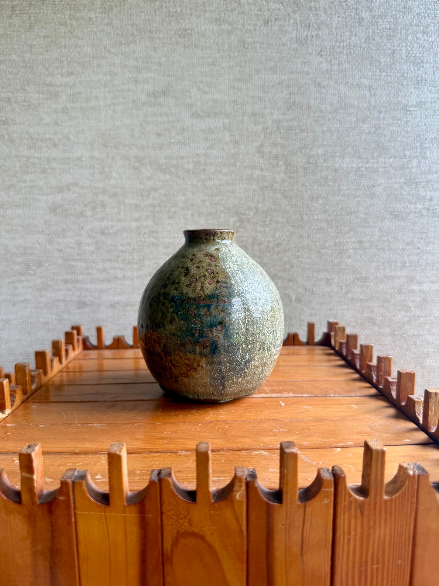 Vintage Handmade One-of-a-Kind Round Bulbous Abstract Green Brown Vase, ca. 1970's