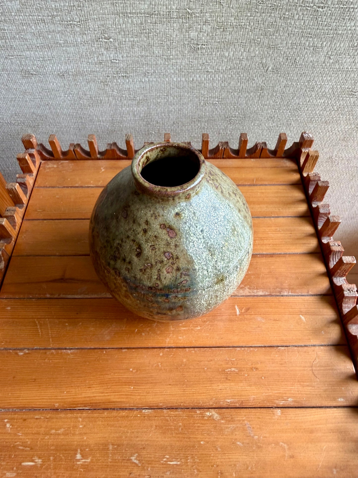 Vintage Handmade One-of-a-Kind Round Bulbous Abstract Green Brown Vase, ca. 1970's