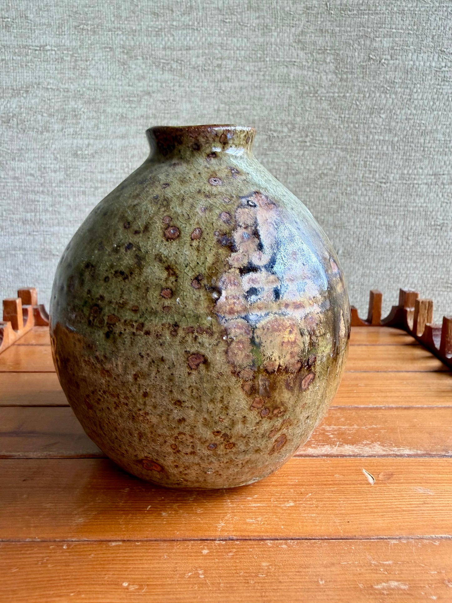 Vintage Handmade One-of-a-Kind Round Bulbous Abstract Green Brown Vase, ca. 1970's