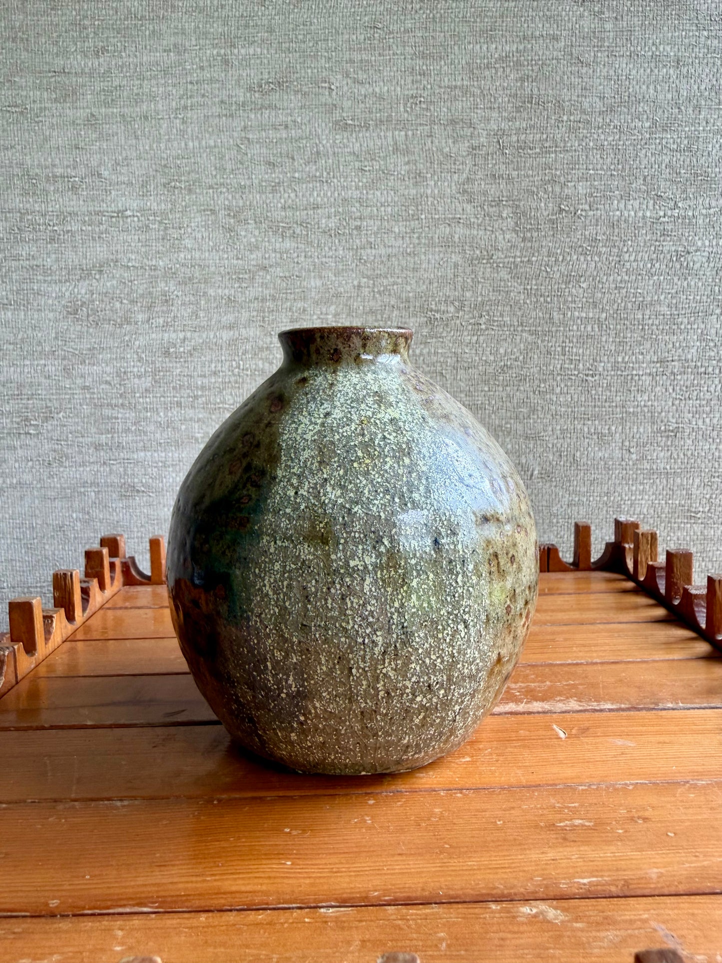 Vintage Handmade One-of-a-Kind Round Bulbous Abstract Green Brown Vase, ca. 1970's