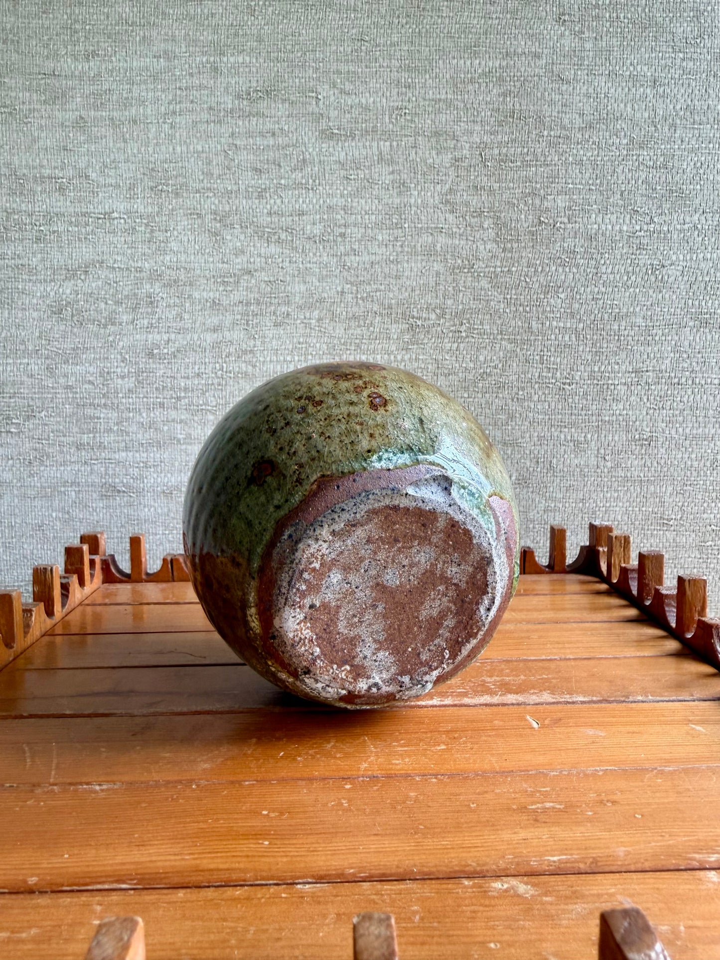 Vintage Handmade One-of-a-Kind Round Bulbous Abstract Green Brown Vase, ca. 1970's