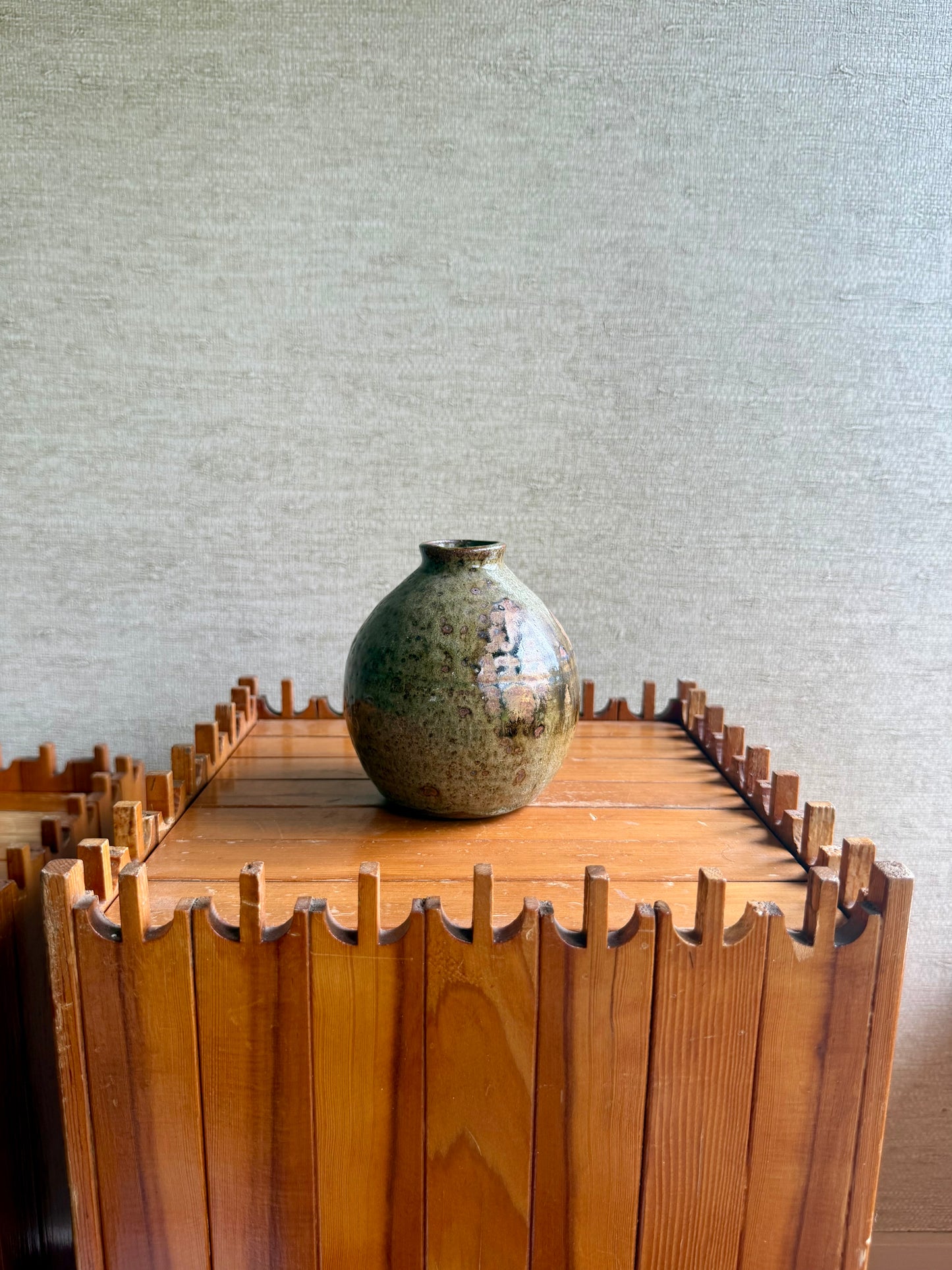 Vintage Handmade One-of-a-Kind Round Bulbous Abstract Green Brown Vase, ca. 1970's