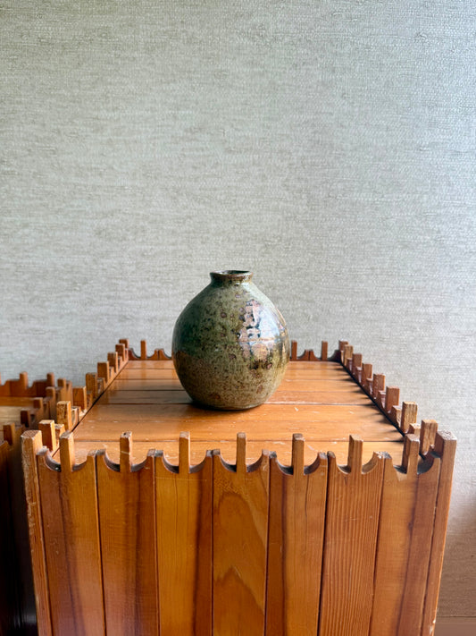 Vintage Handmade One-of-a-Kind Round Bulbous Abstract Green Brown Vase, ca. 1970's