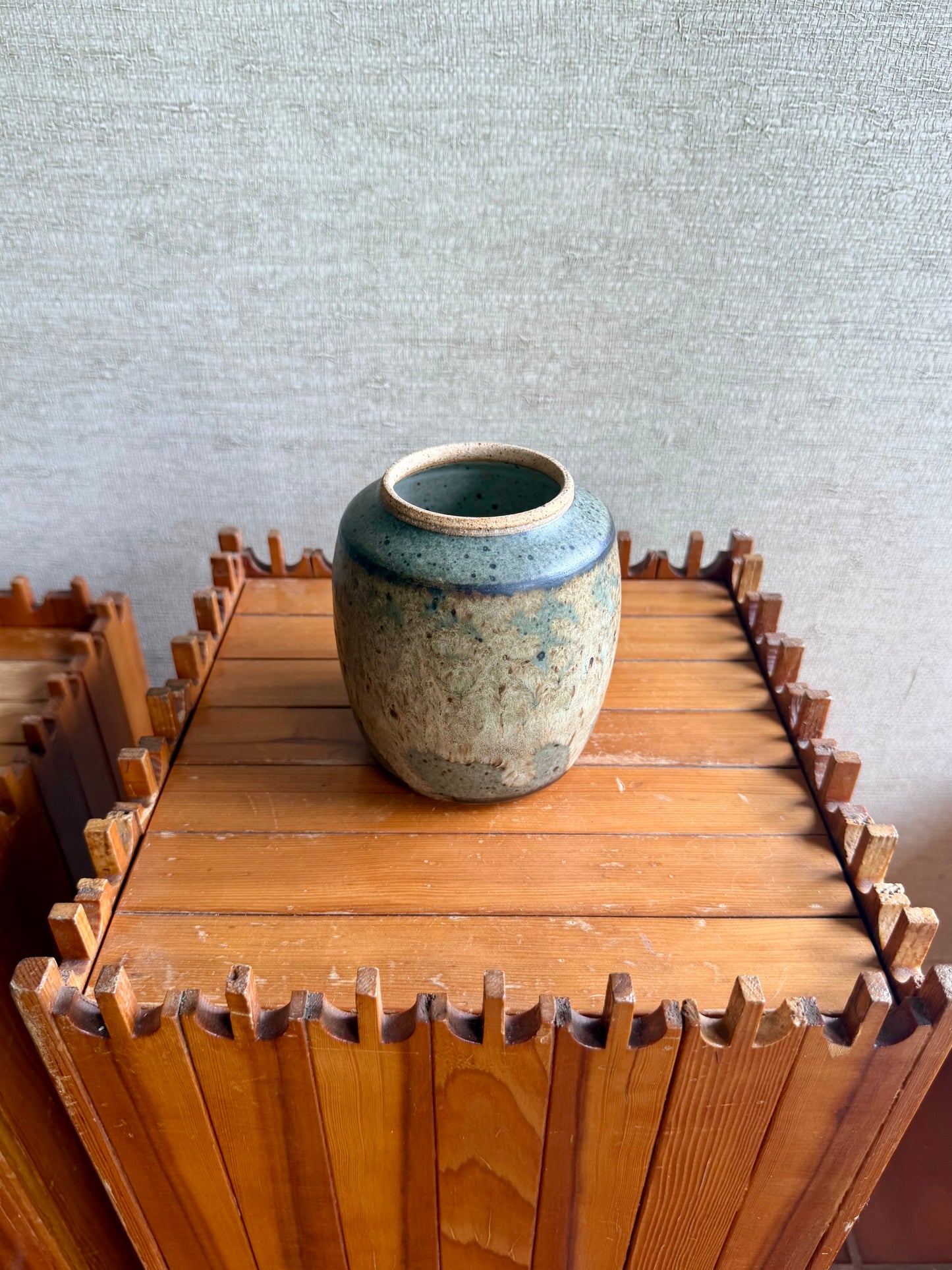 Vintage Handmade One-of-a-Kind Round Green Brown Stoneware Pottery Vase by Robert Markle, ca. 1970's