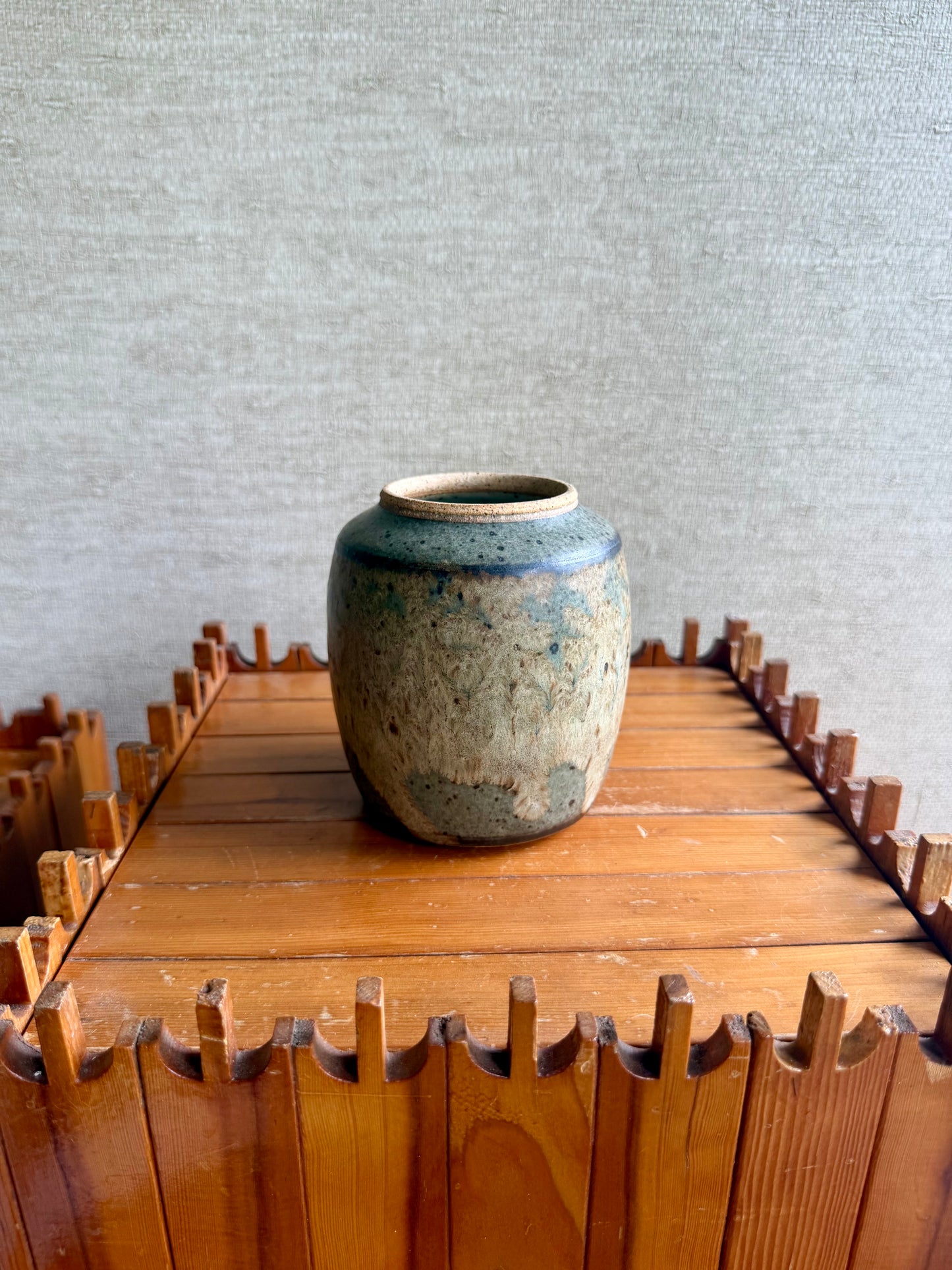 Vintage Handmade One-of-a-Kind Round Green Brown Stoneware Pottery Vase by Robert Markle, ca. 1970's